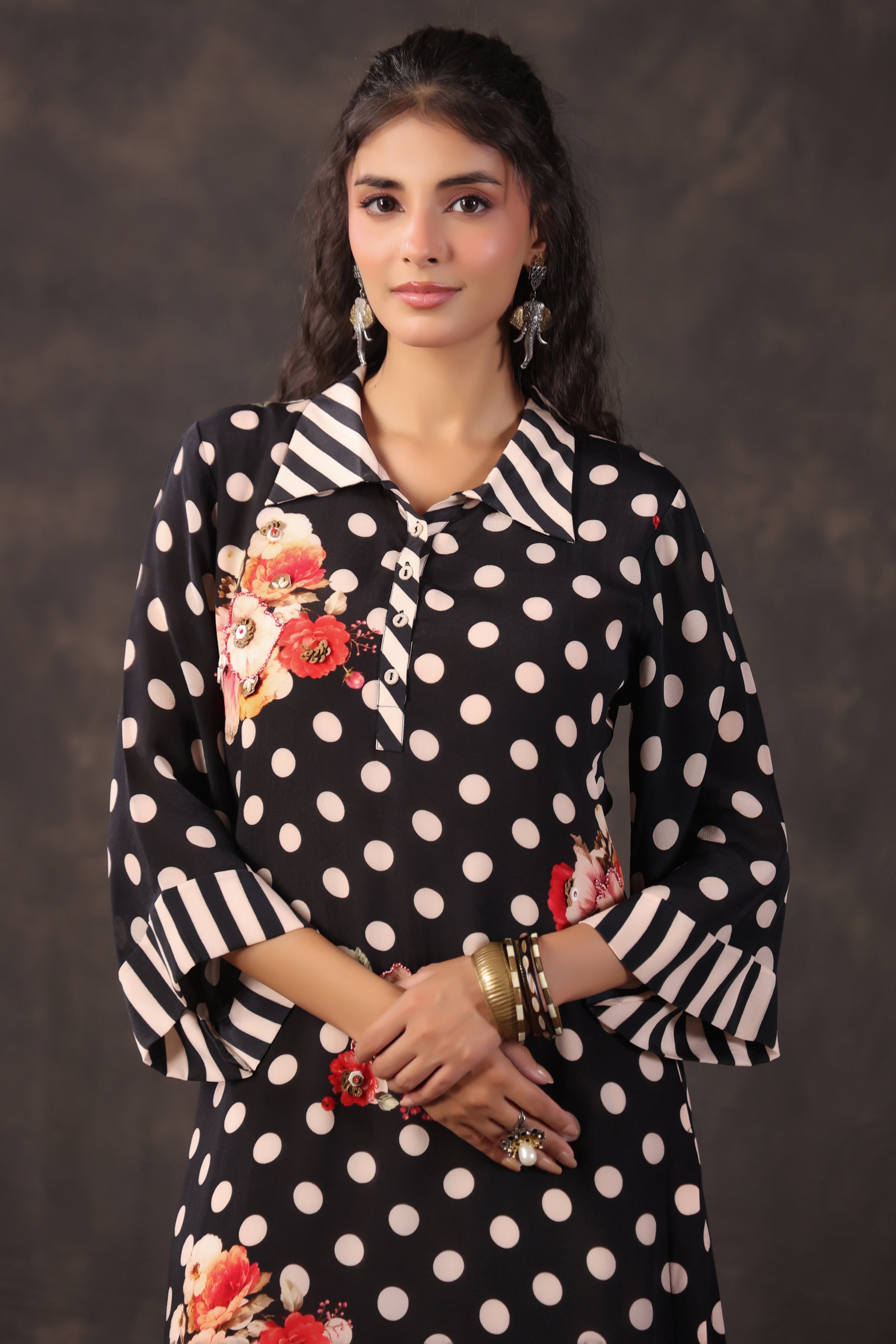 Black Polka Printed Crepe Silk Kurta Set