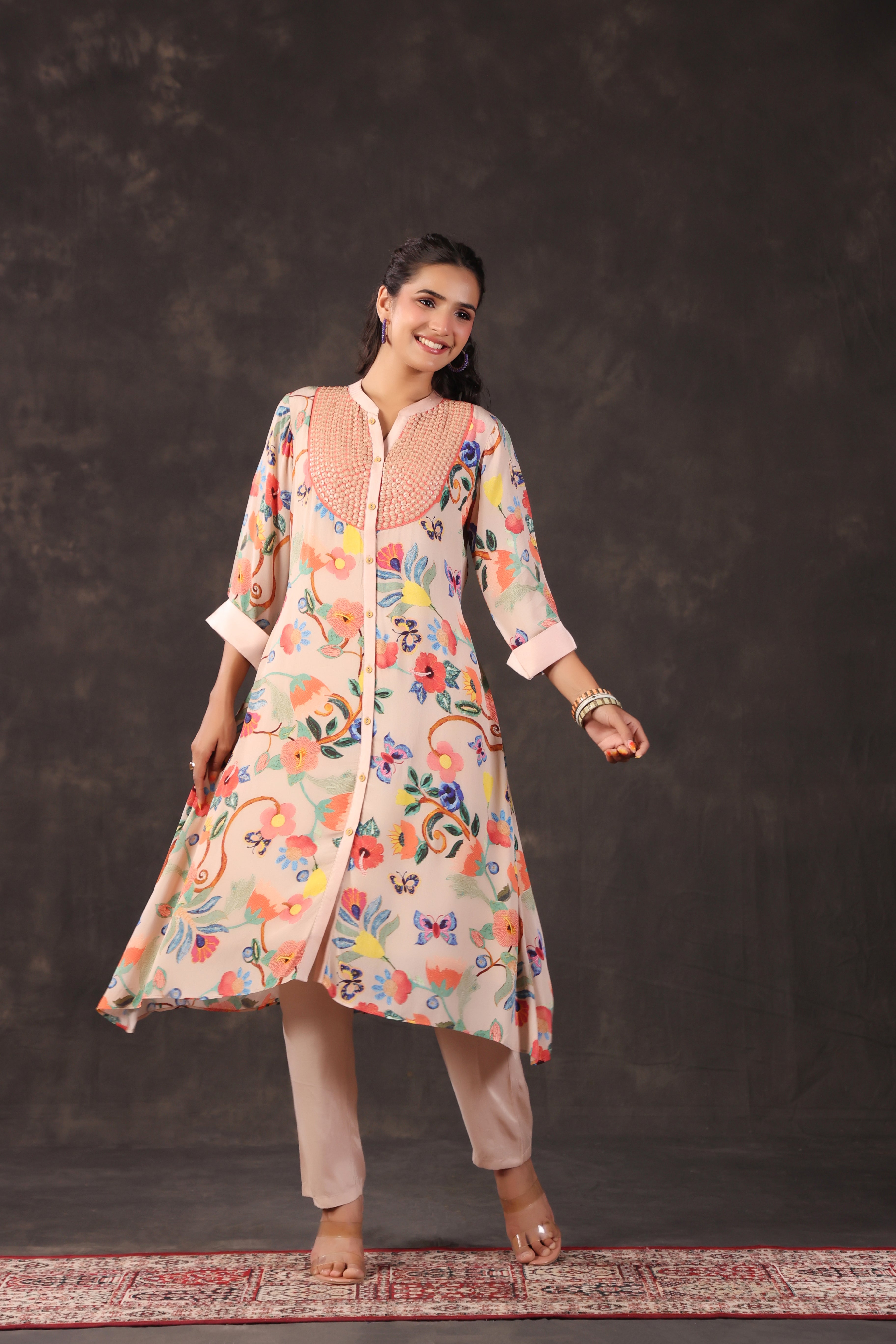 Pastel Peach Printed Crepe Silk Kurta Set