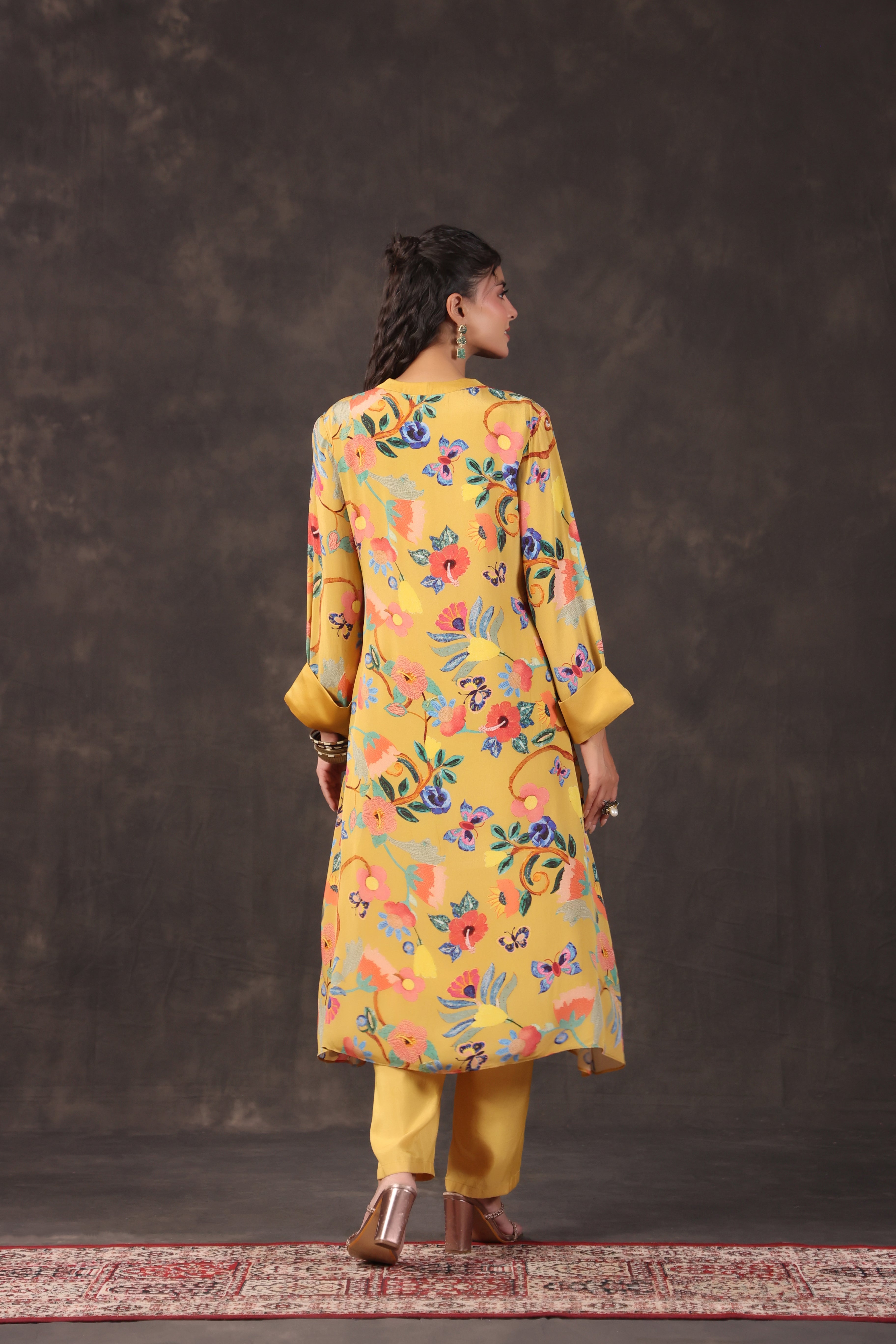 Mustard Yellow Printed Crepe Silk Kurta Set