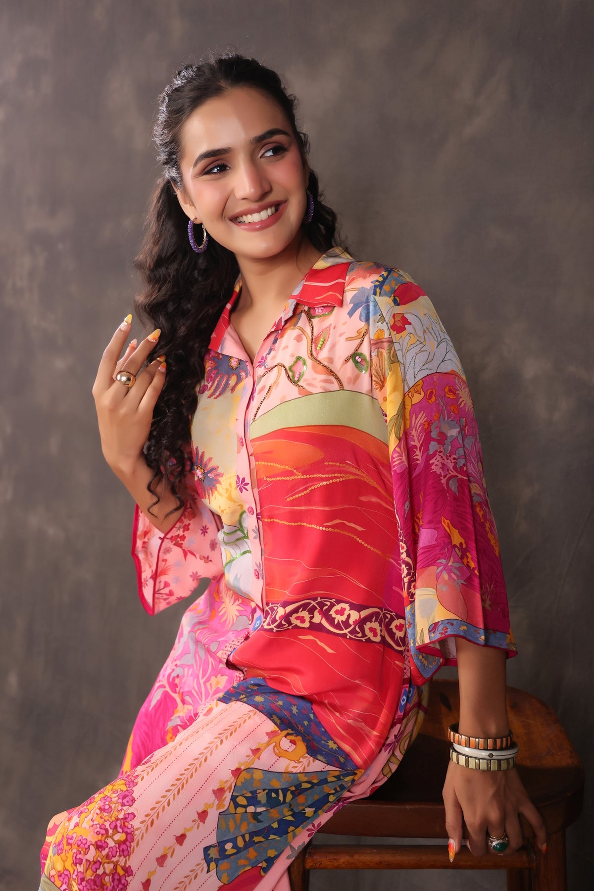 Multicolor Coral Printed Crepe Silk Kurta Set
