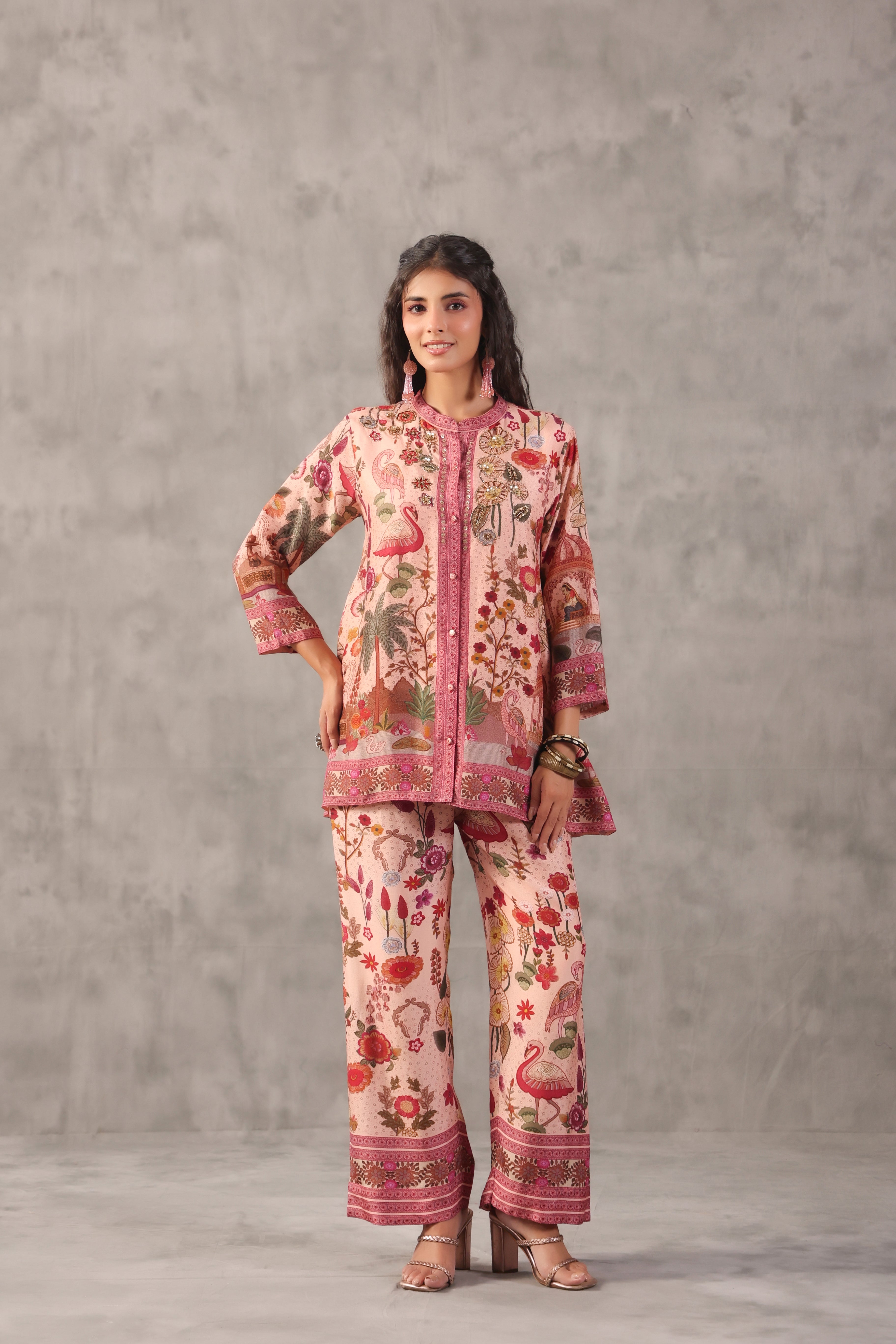 Flamingo Pink Printed Dola Silk Co-Ord Set