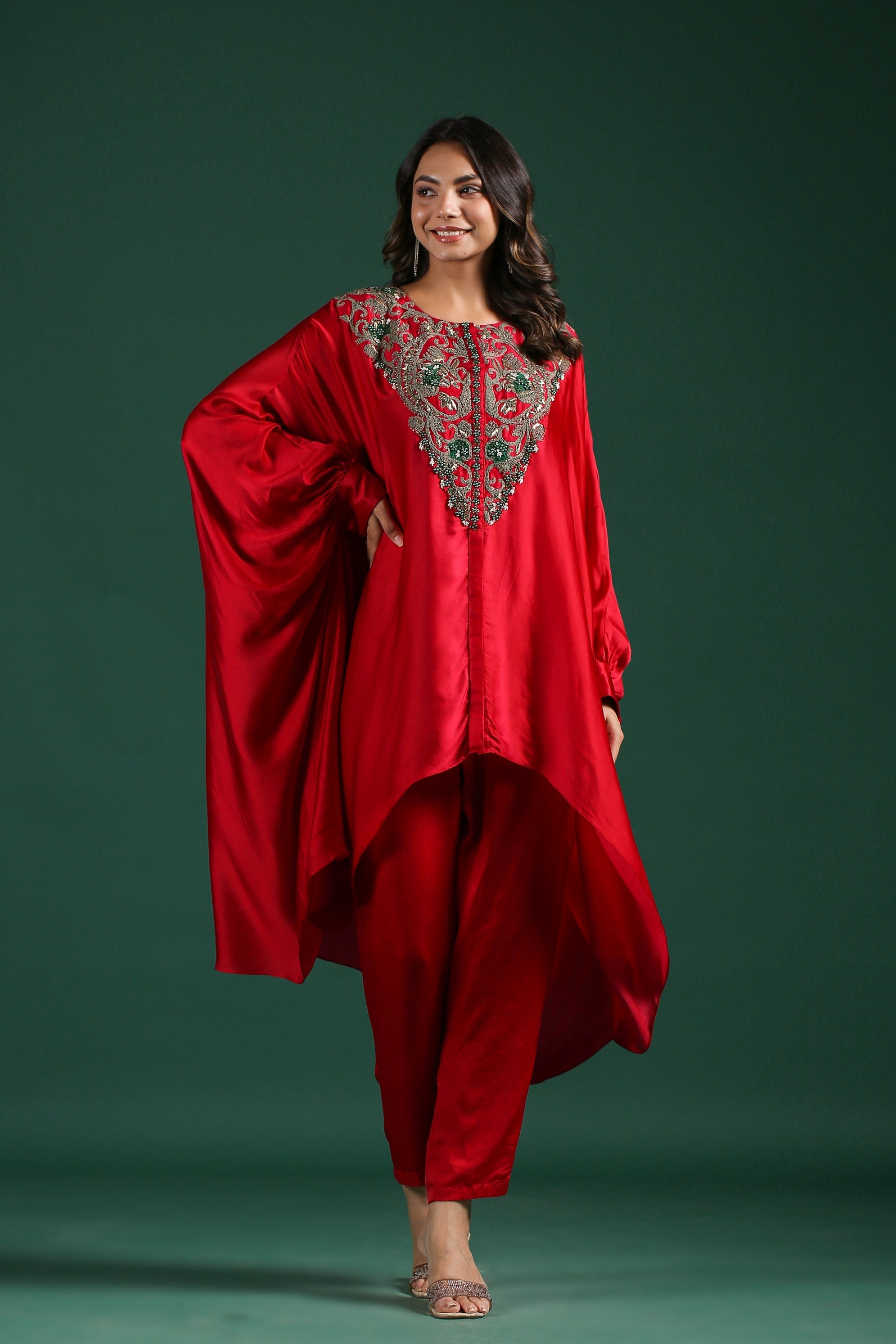 Red Embellished Satin Silk Co-Ord Set