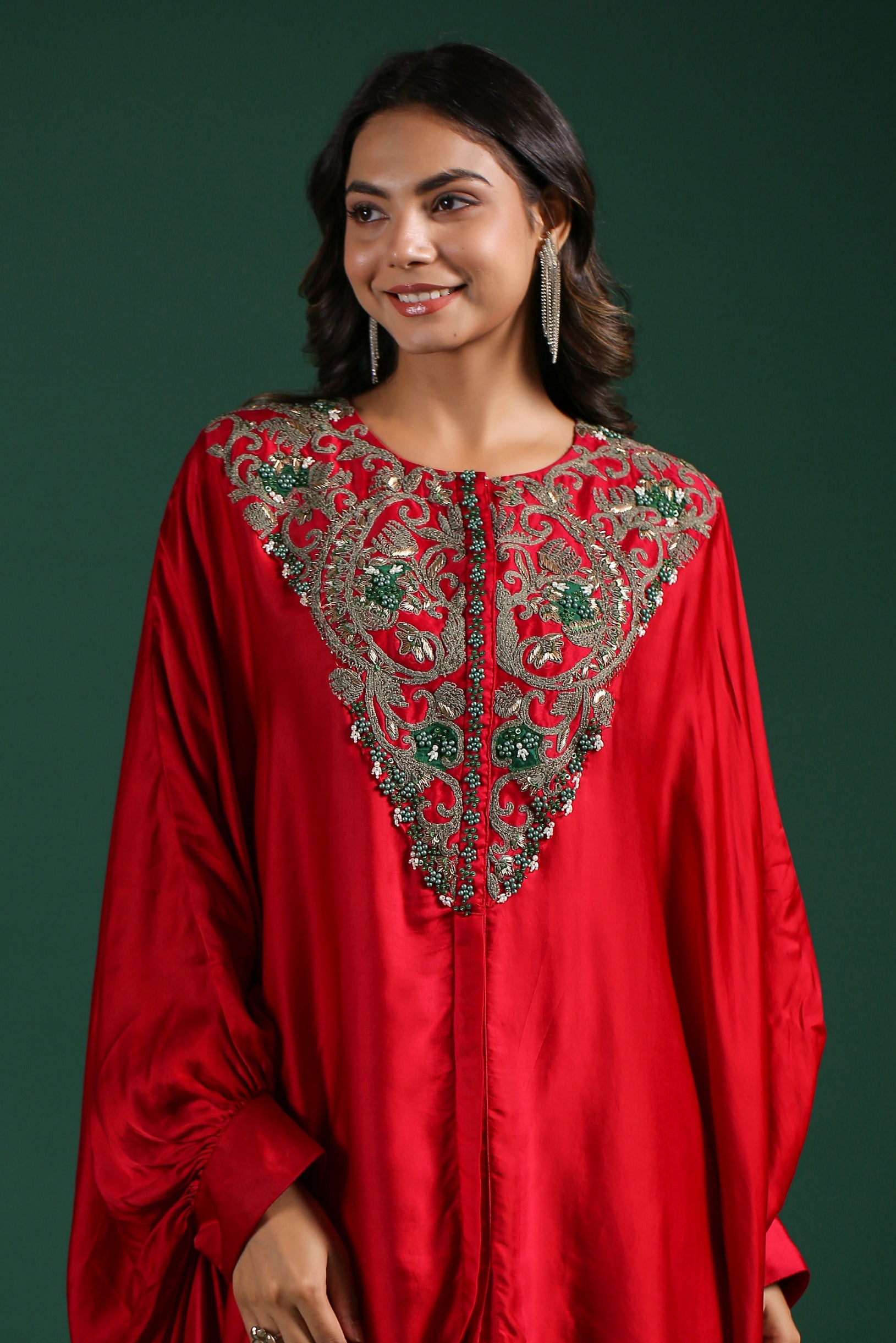 Red Embellished Satin Silk Co-Ord Set