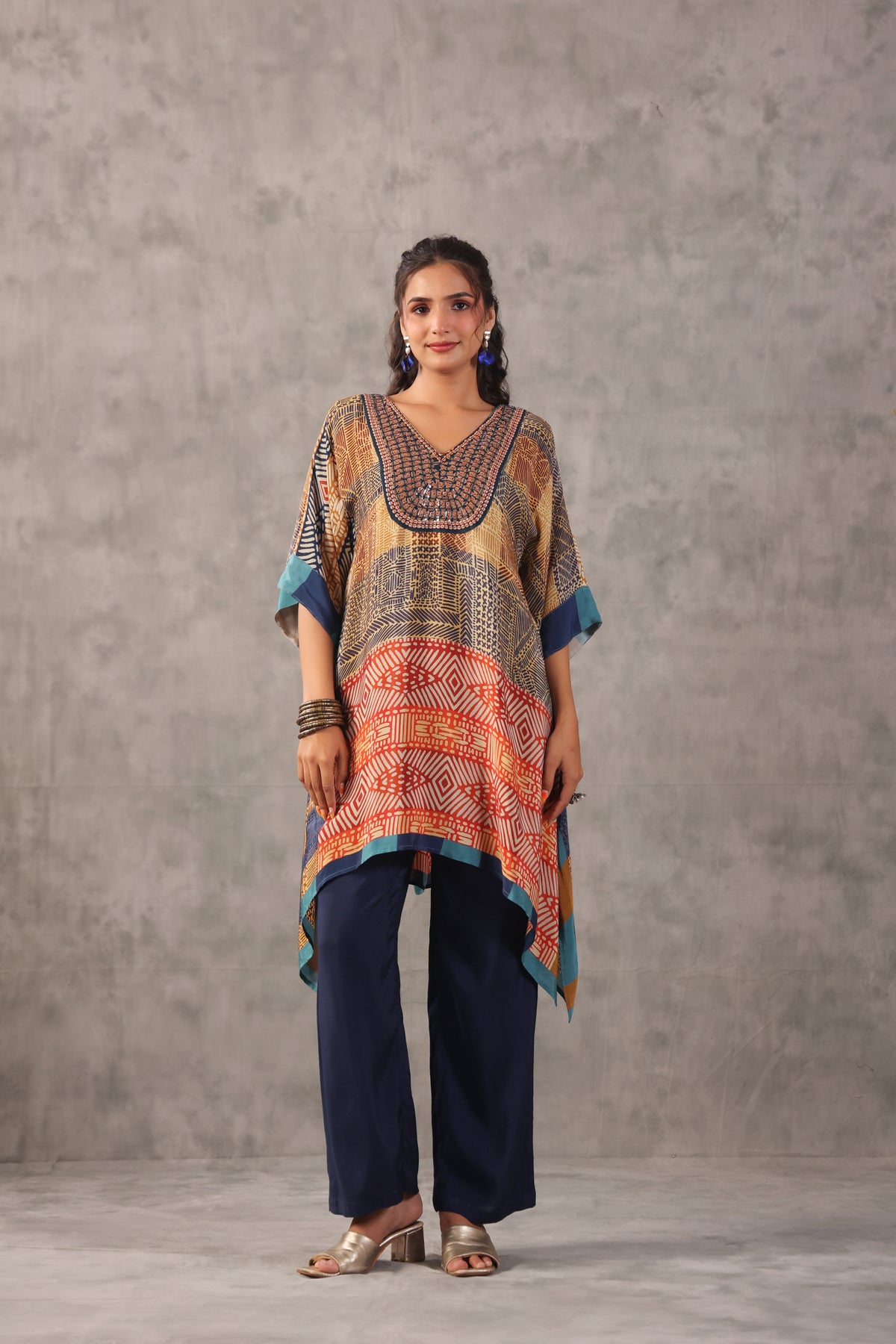 Ochre Tribal Printed Crepe Silk Kurta Set