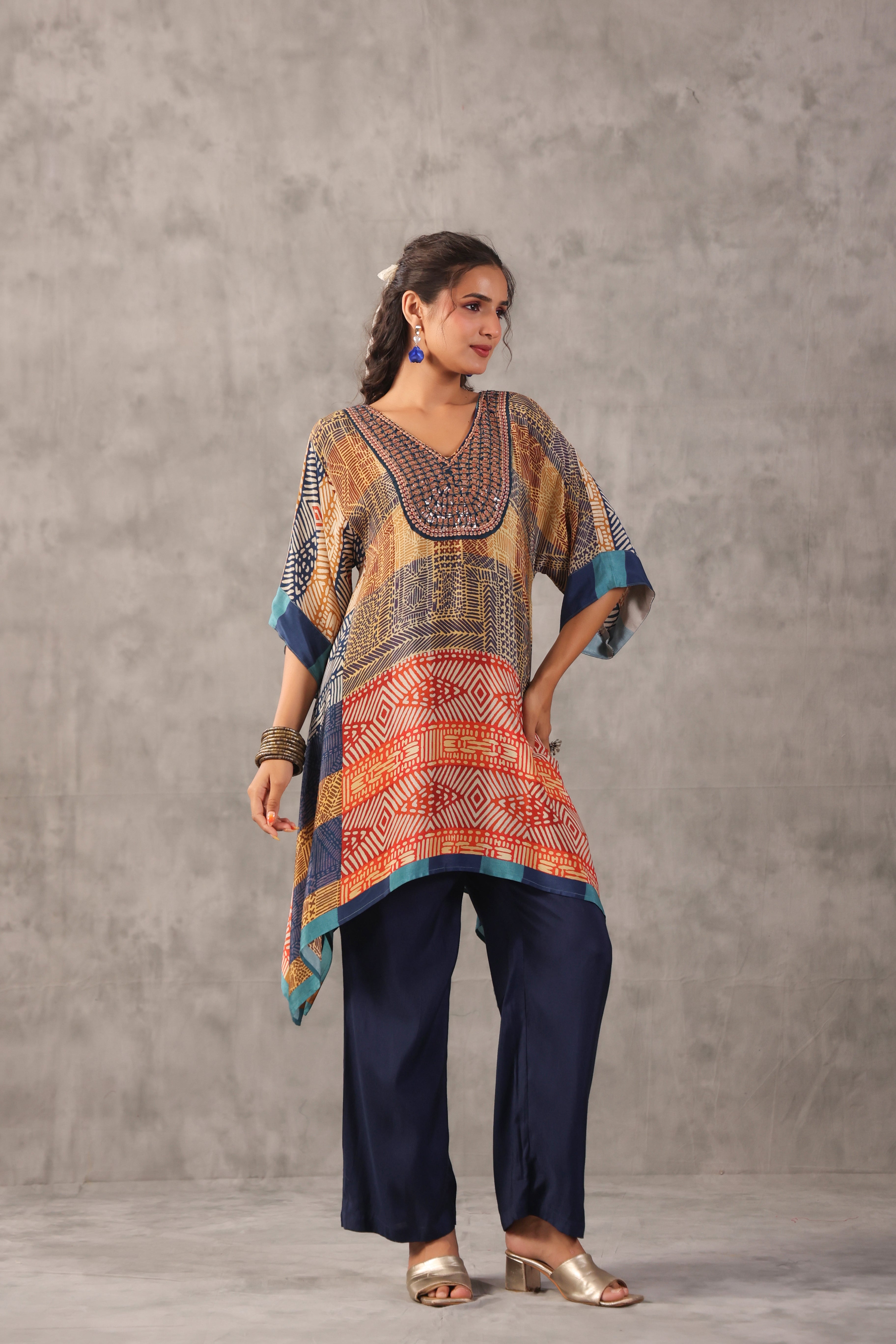Ochre Tribal Printed Crepe Silk Kurta Set