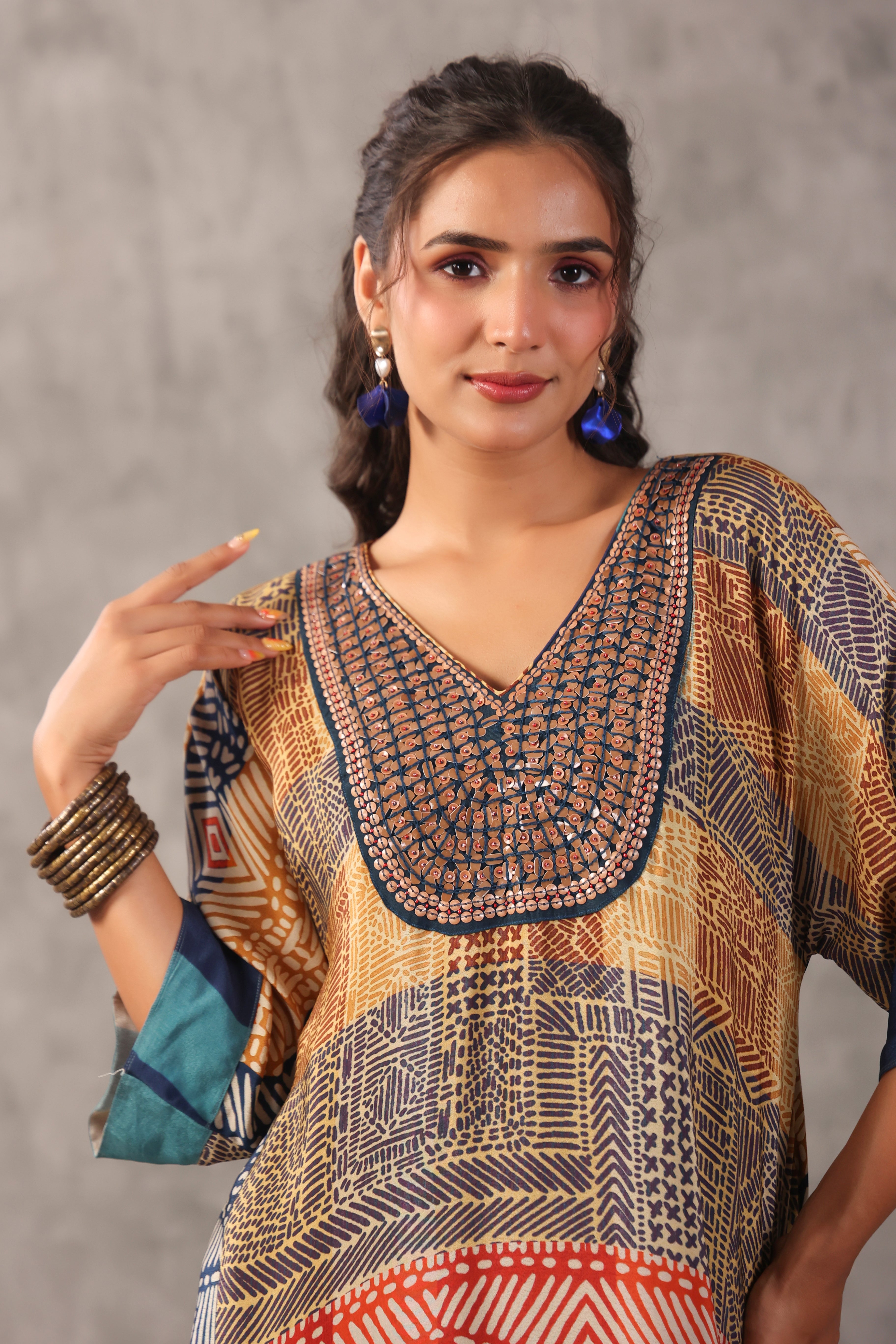 Ochre Tribal Printed Crepe Silk Kurta Set