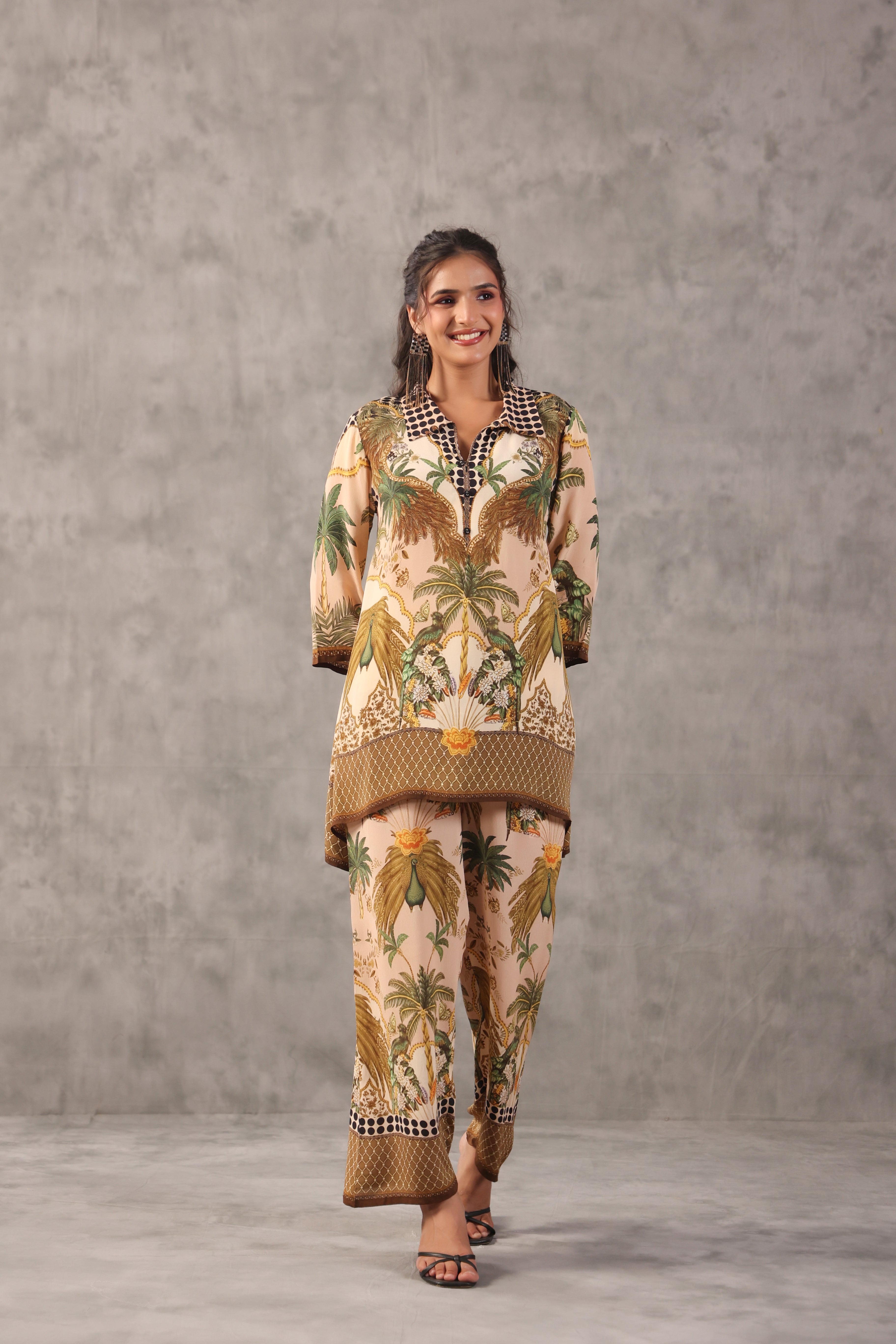 Sand Beige Printed Crepe Silk Co-Ord Set