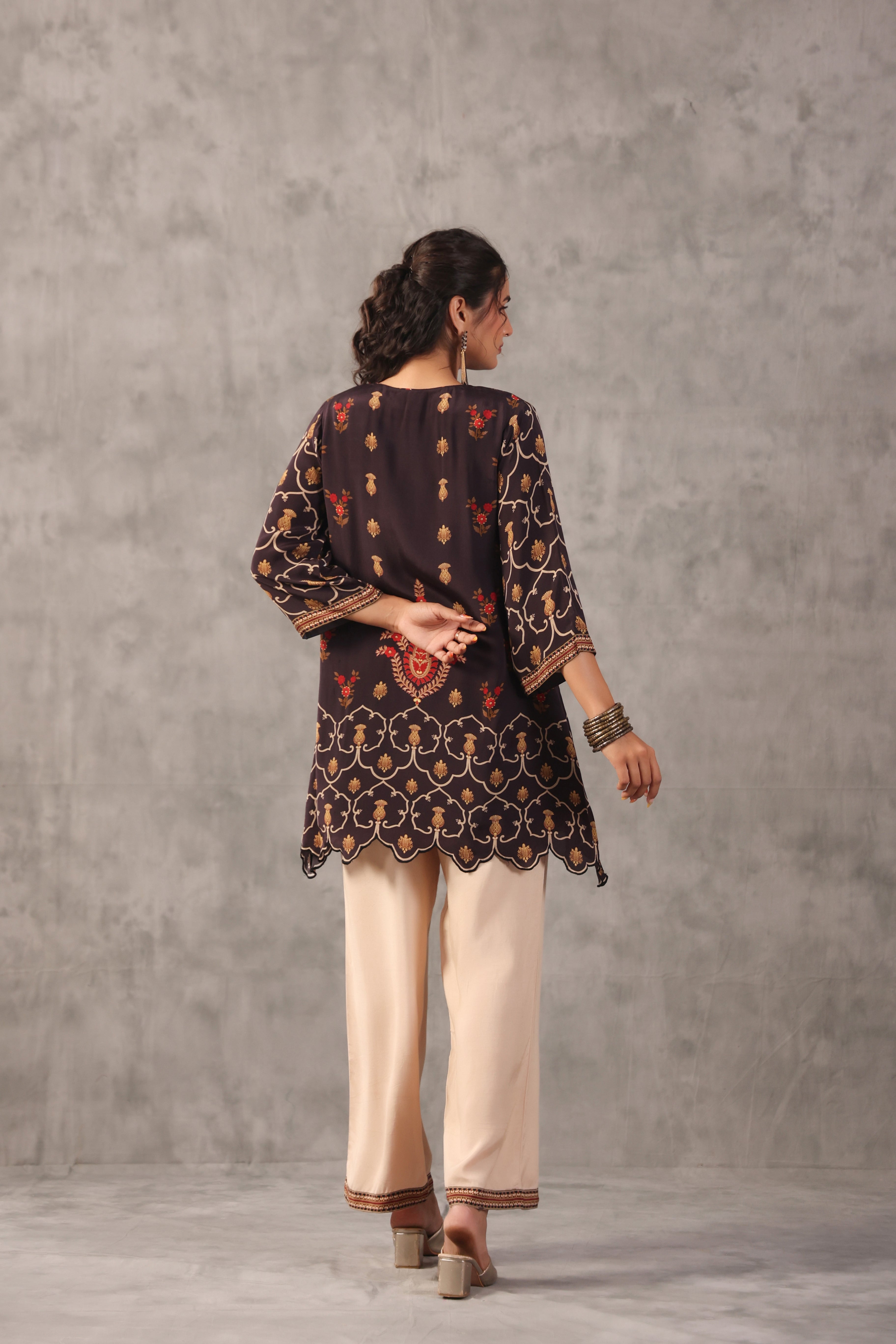 Ecru Brown Embelllished Crepe Silk Co-Ord Set
