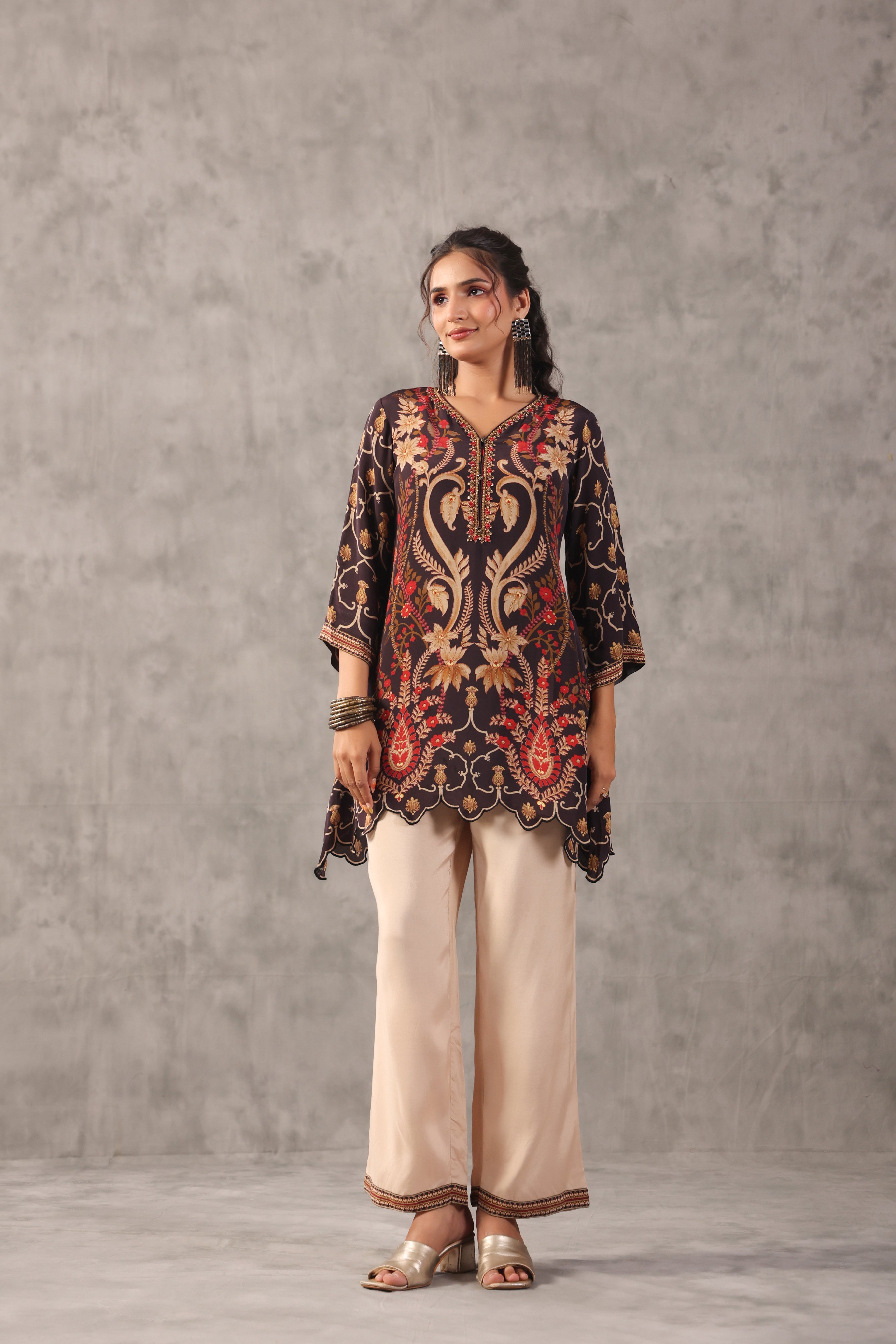 Ecru Brown Embelllished Crepe Silk Co-Ord Set