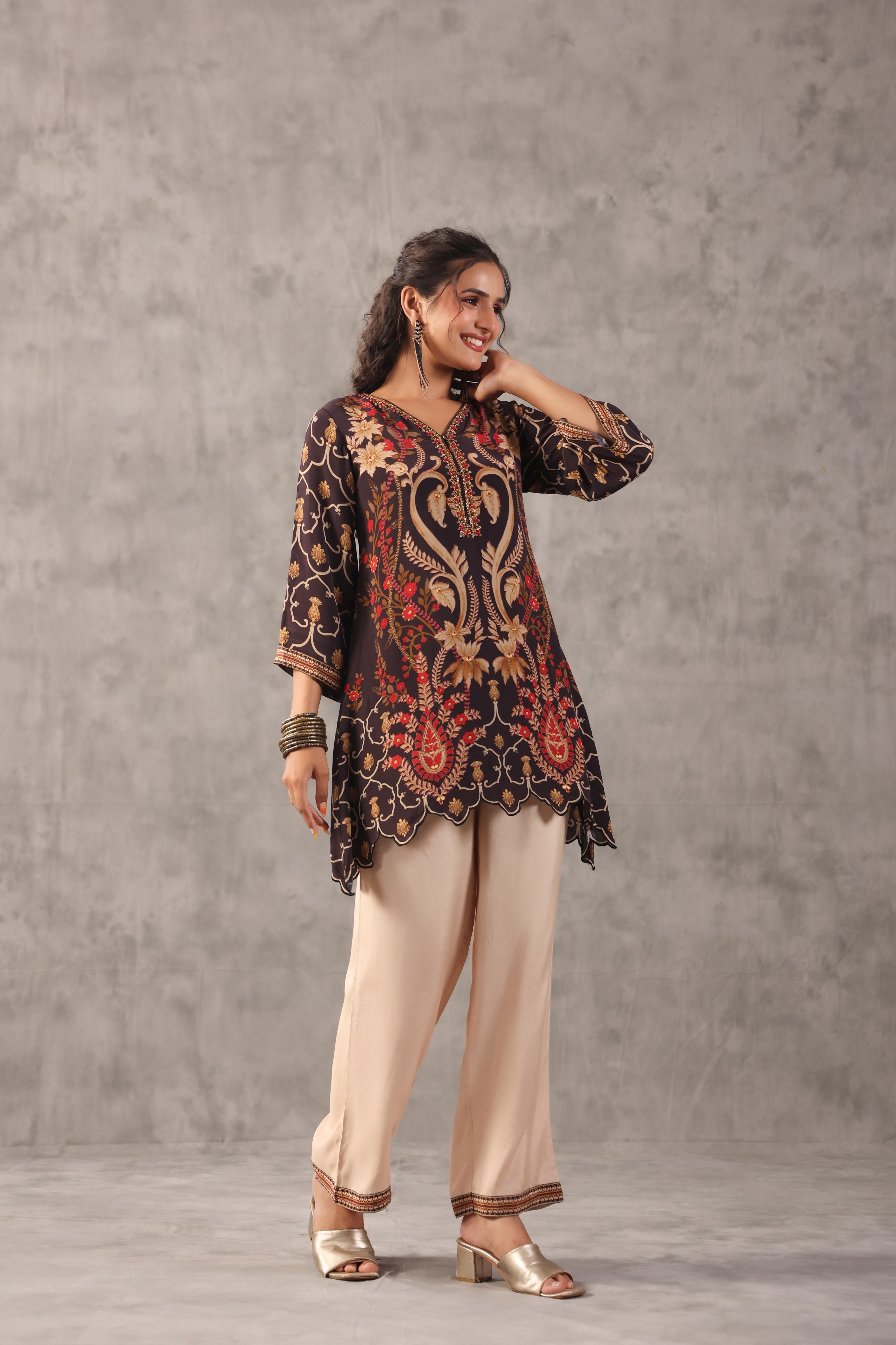 Ecru Brown Embelllished Crepe Silk Co-Ord Set