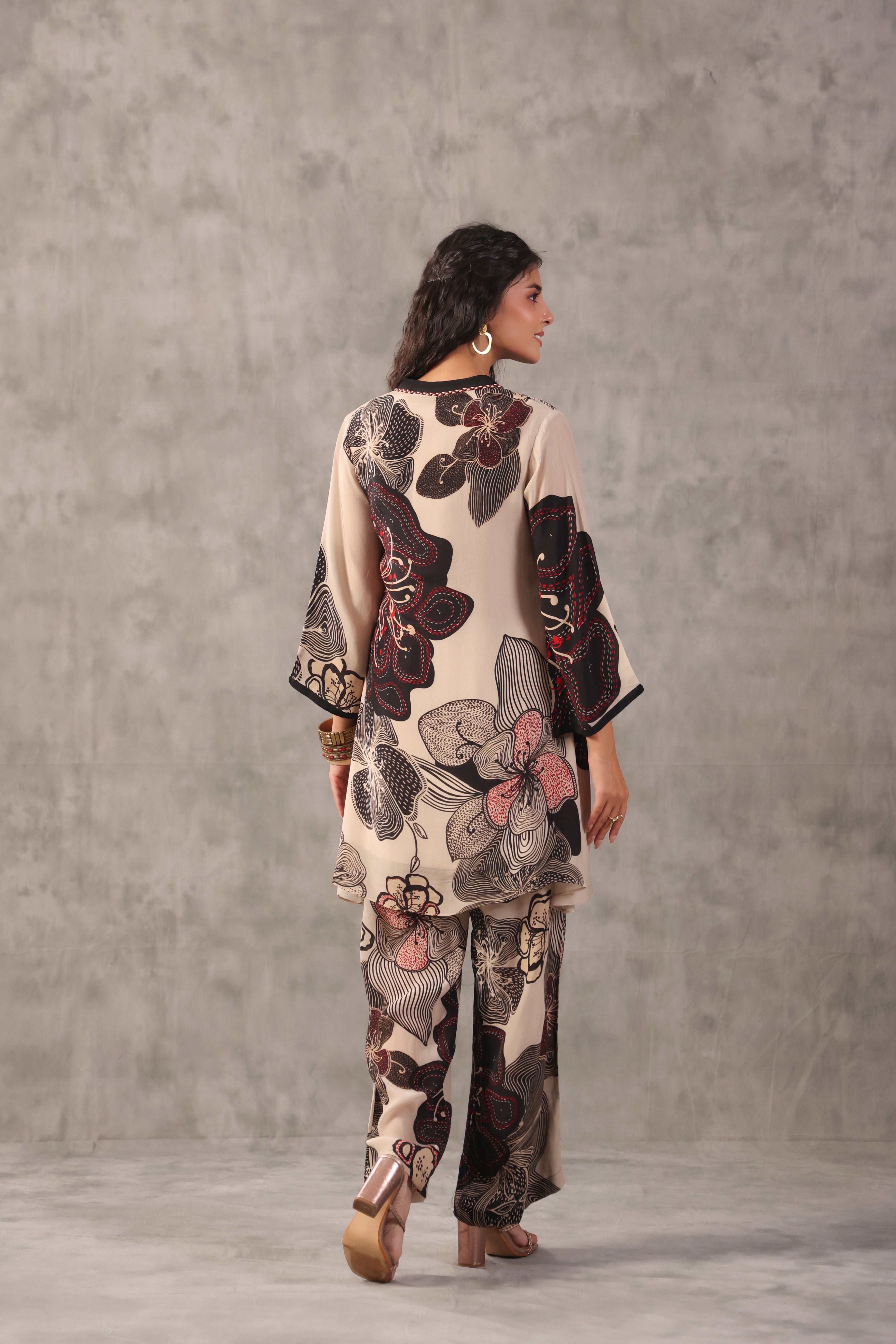 Ecru Beige Embelllished Crepe Silk Co-Ord Set