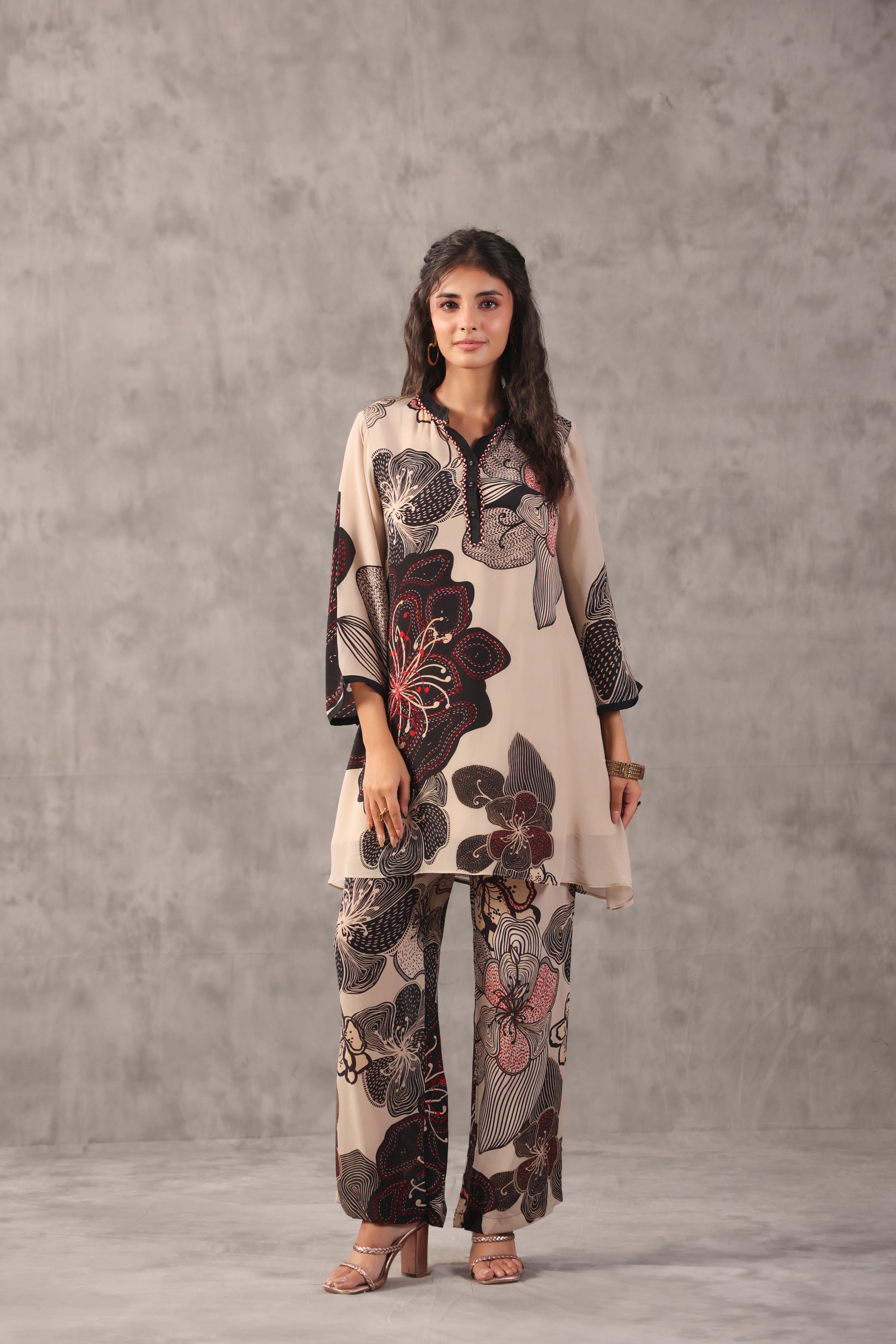 Ecru Beige Embelllished Crepe Silk Co-Ord Set