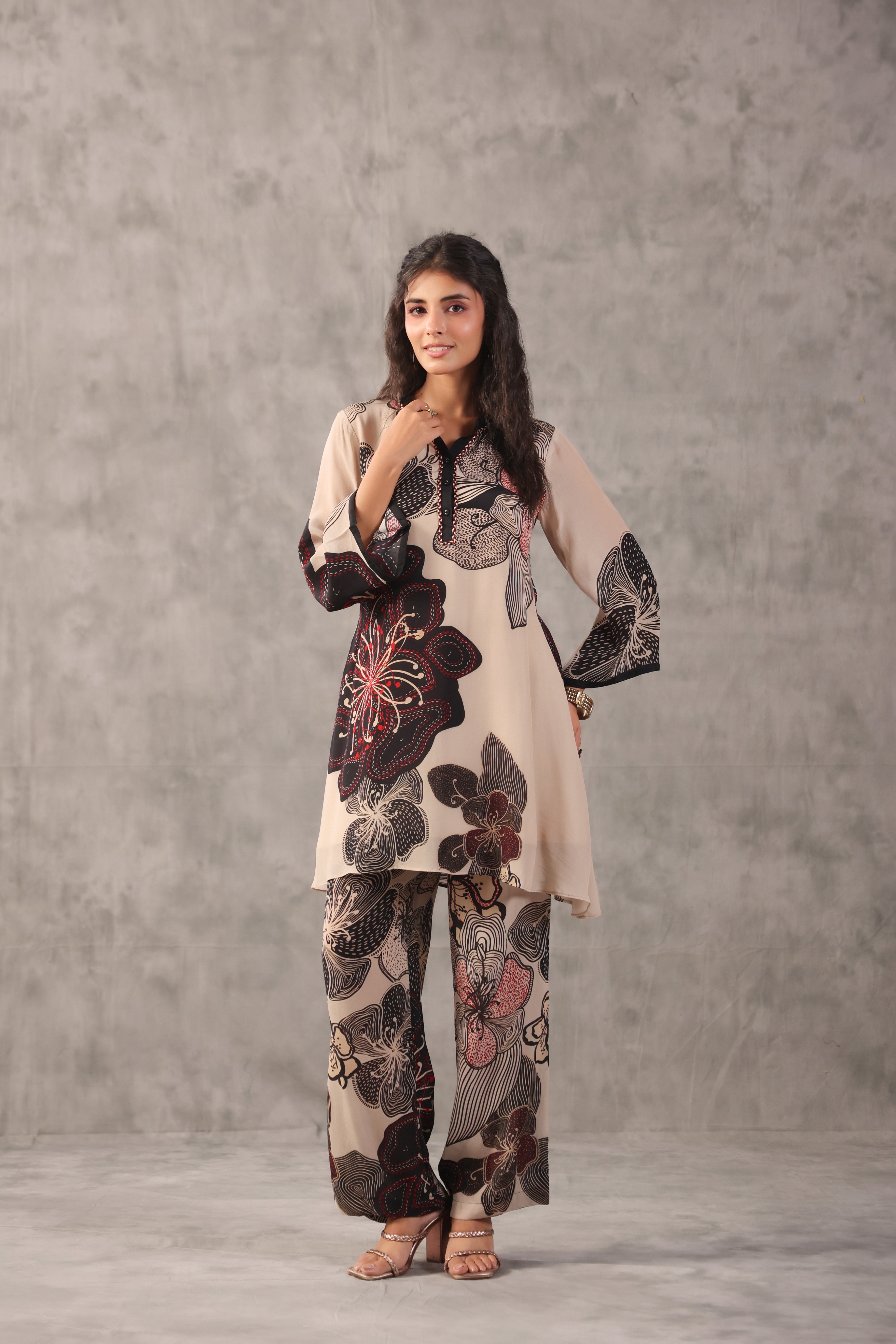 Ecru Beige Embelllished Crepe Silk Co-Ord Set