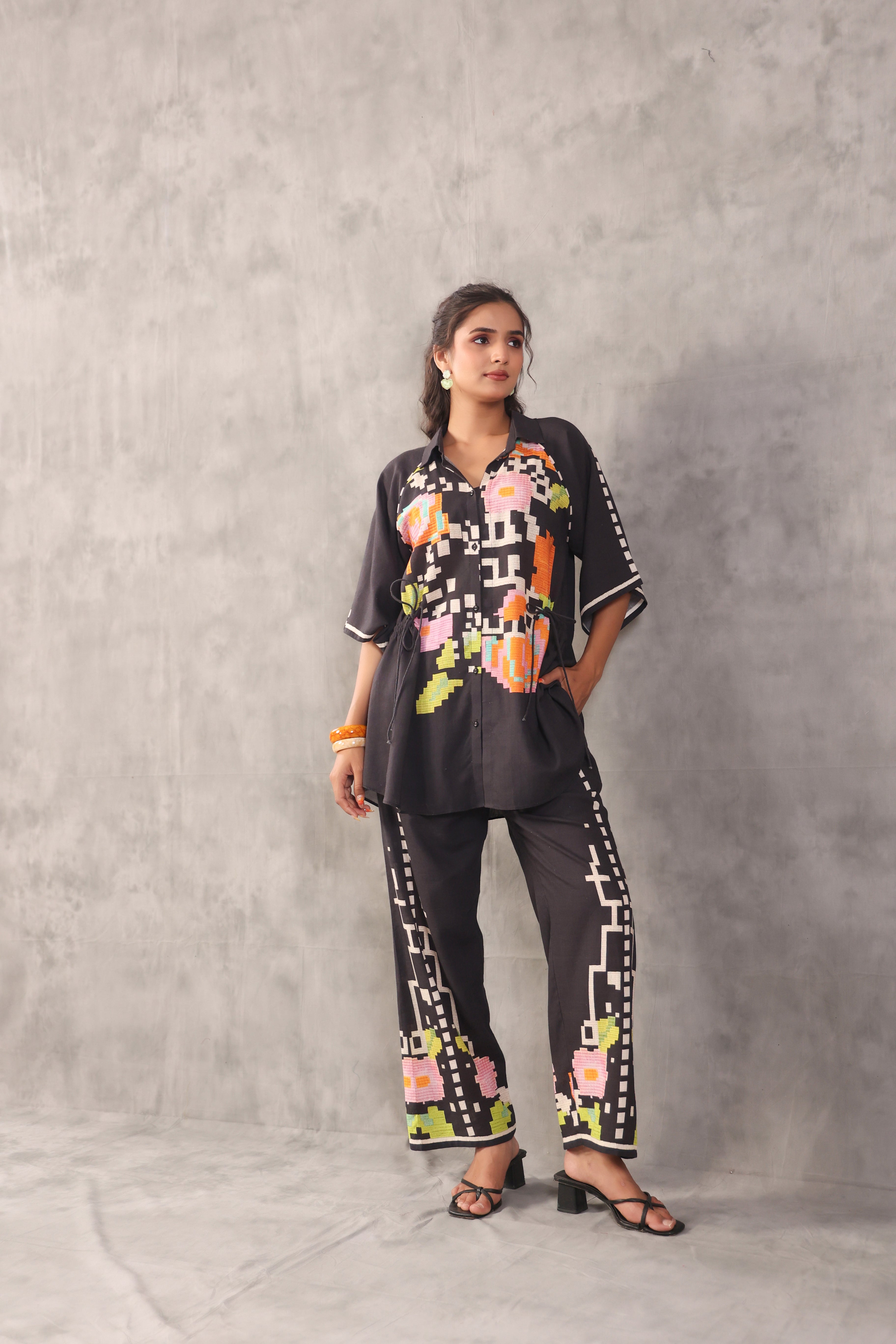 Black Ebony Embroidered Linen Co-Ord Set