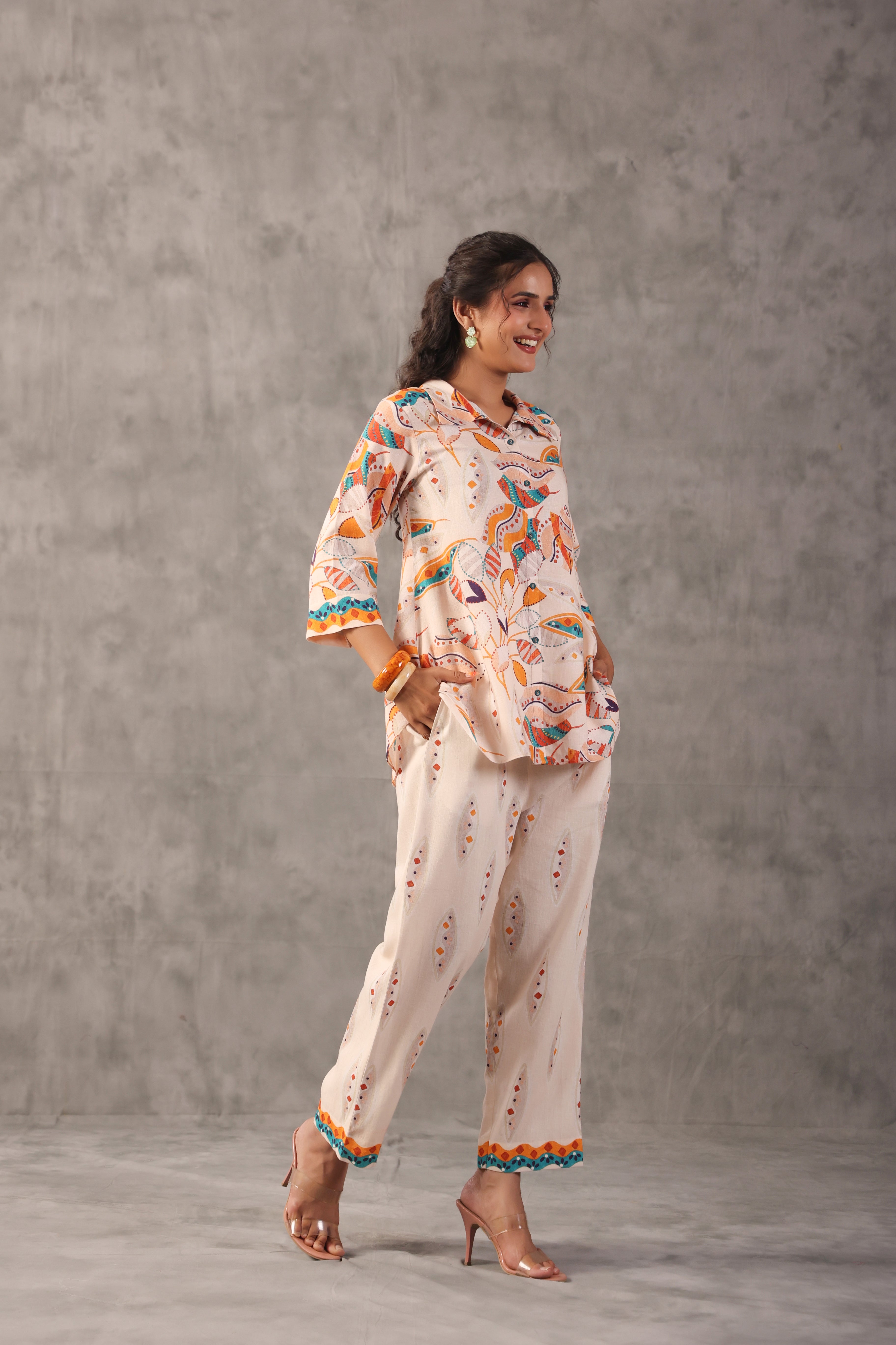 Ivory Cream Printed Linen Co-Ord Set
