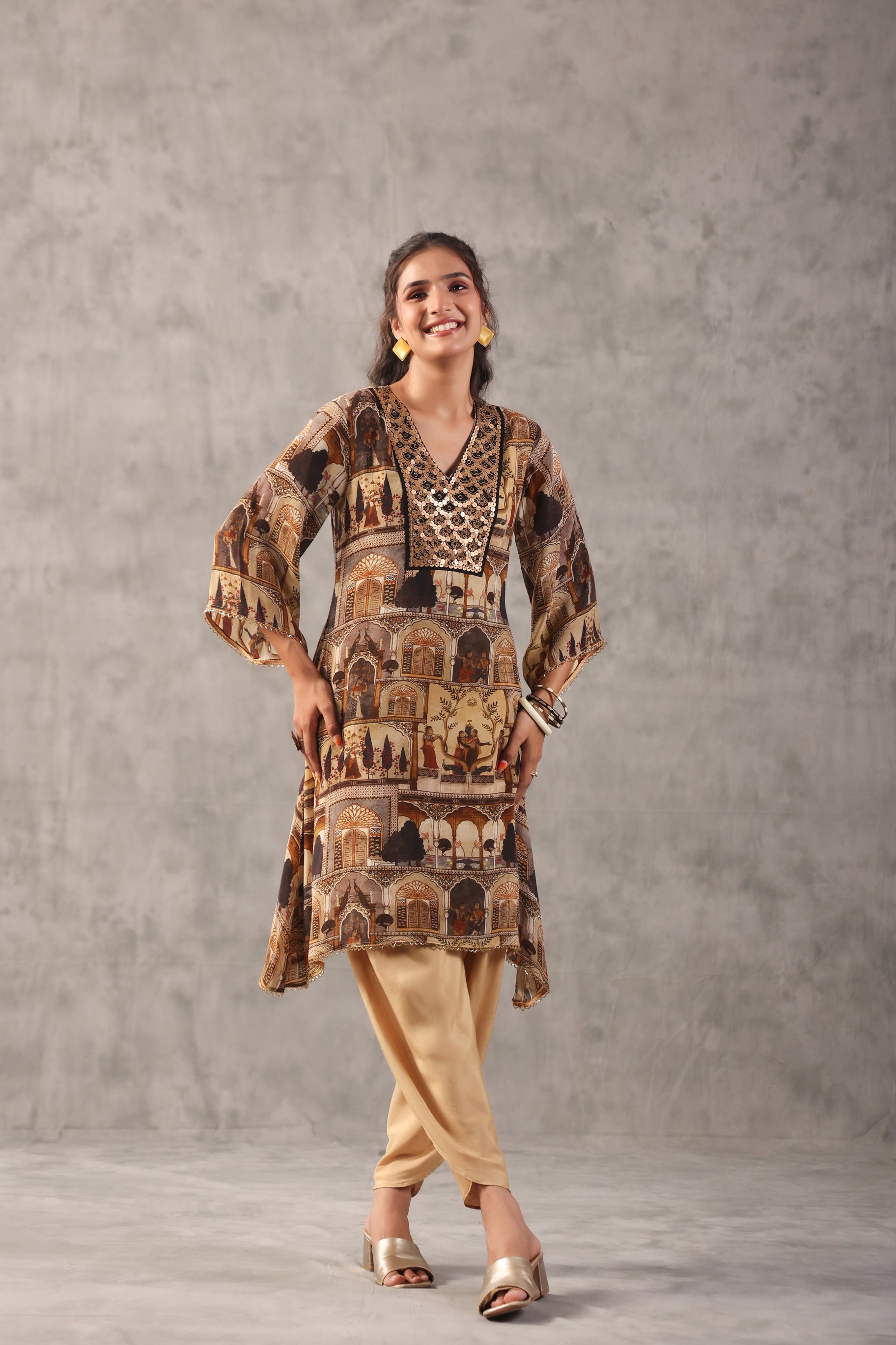 Mughal Sepia Printed Viscose Crepe Silk Co-Ord Set