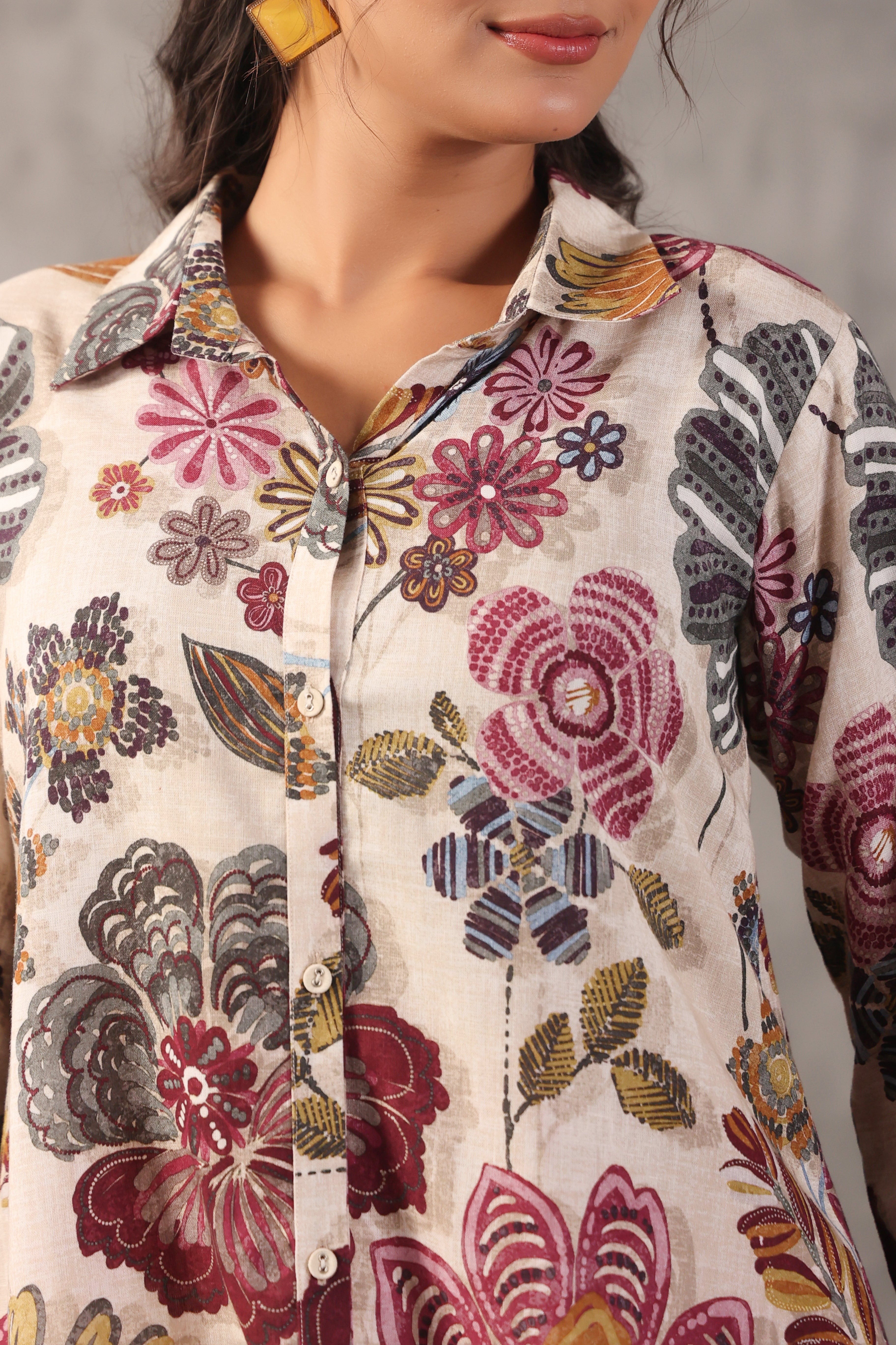 Oatmeal Mauve Printed Linen Co-Ord Set