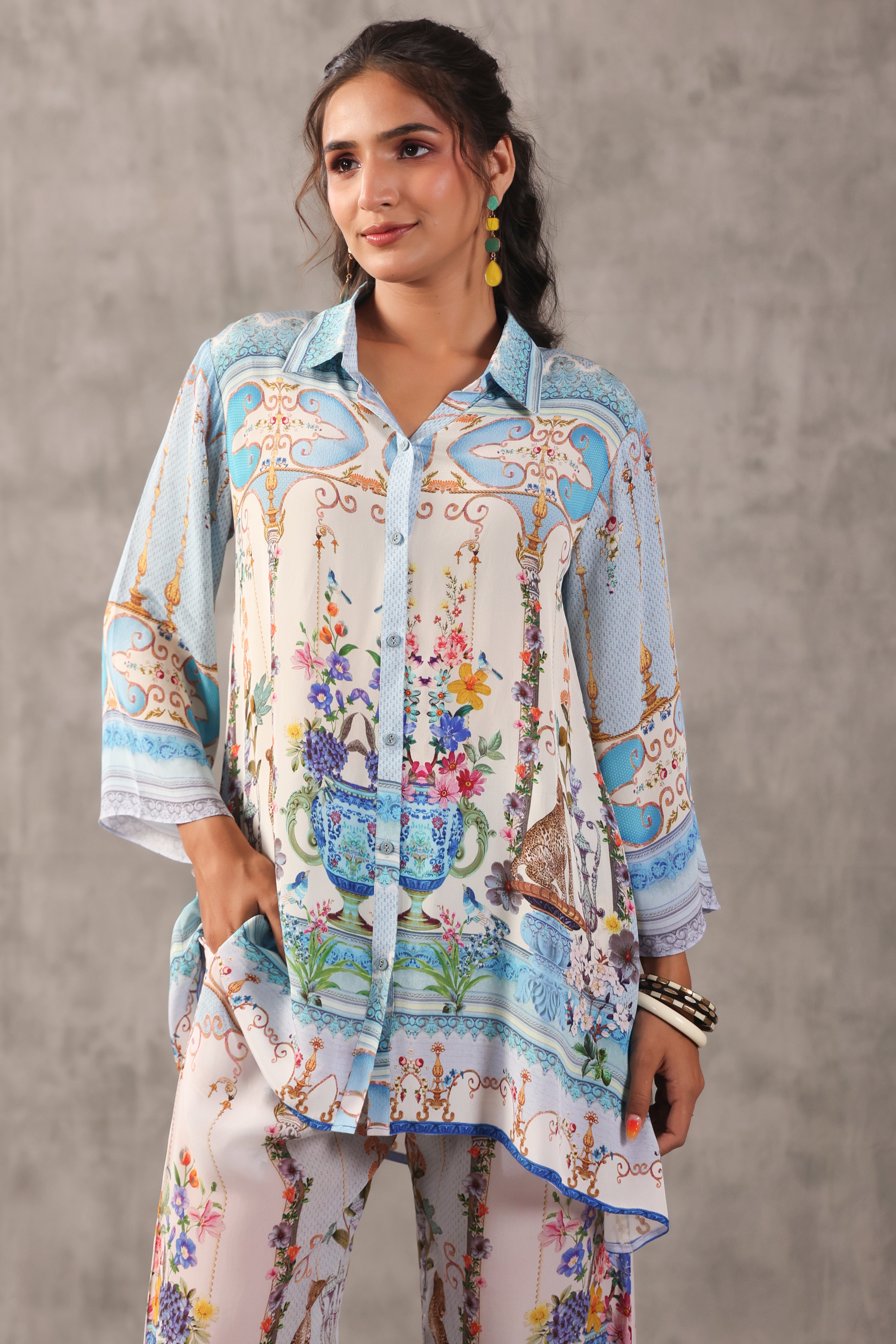 Sky Blue Vase Printed Crepe Silk Co-Ord Set
