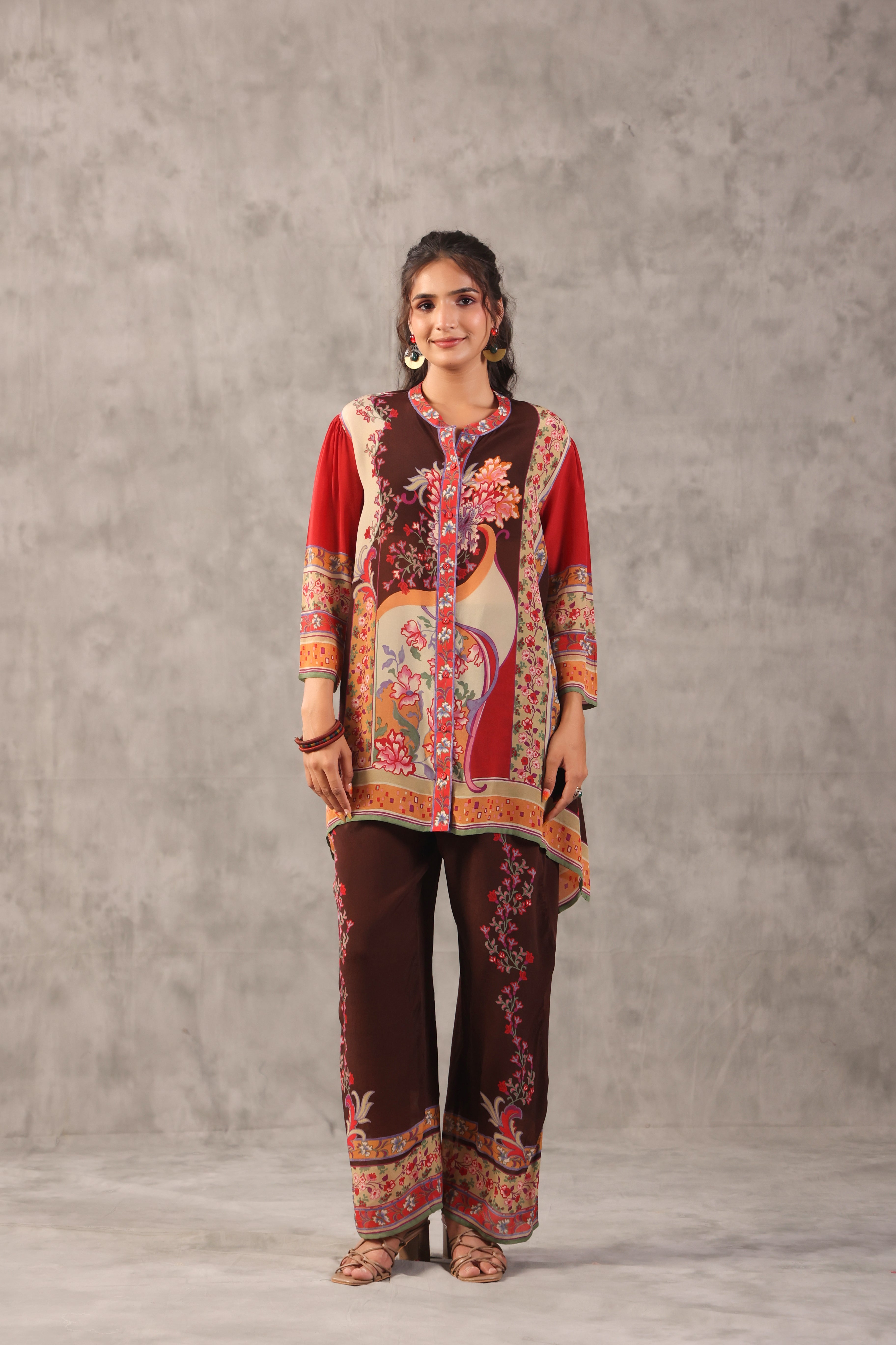 Chocolate Brown Printed Crepe Silk Co-Ord Set