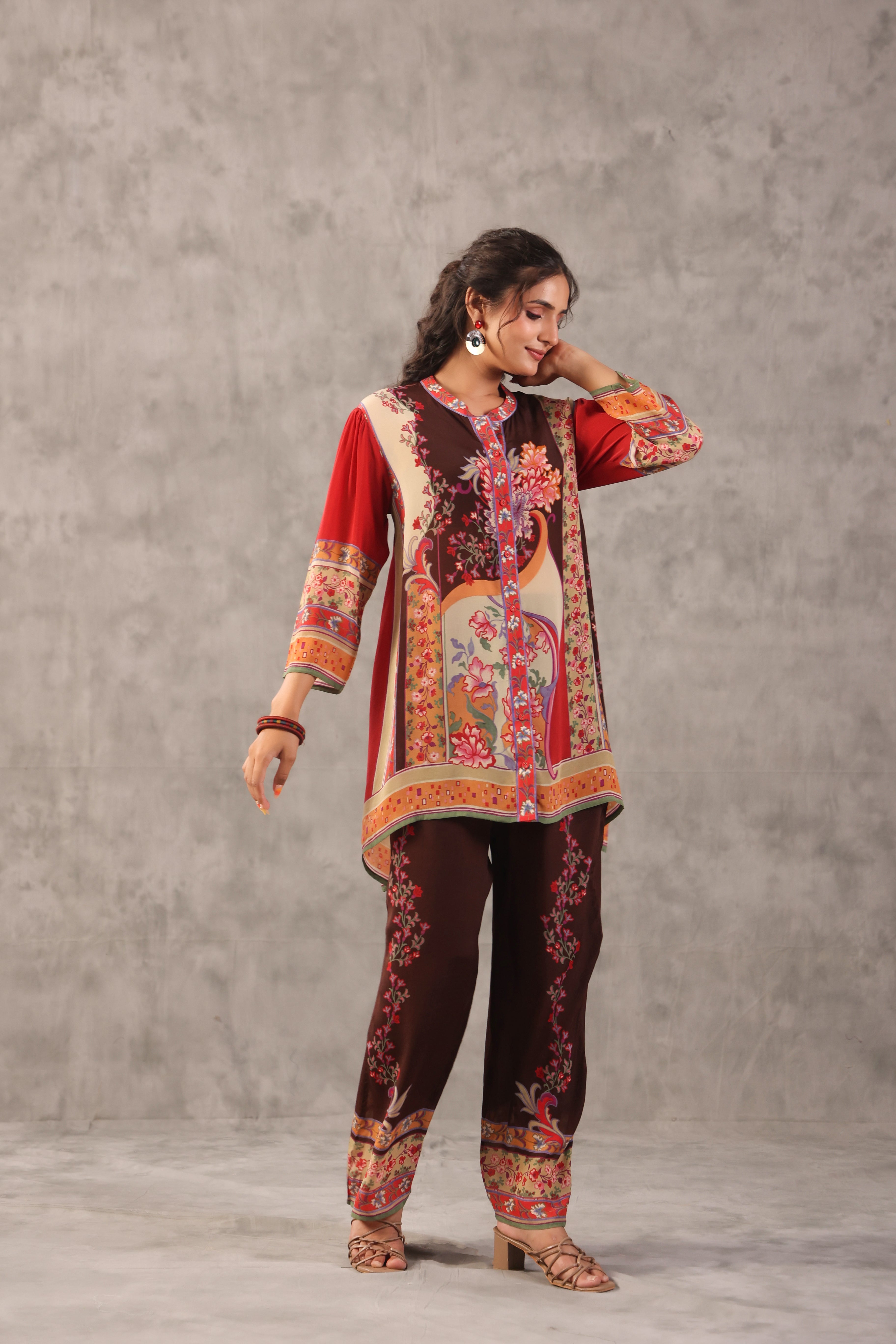 Chocolate Brown Printed Crepe Silk Co-Ord Set