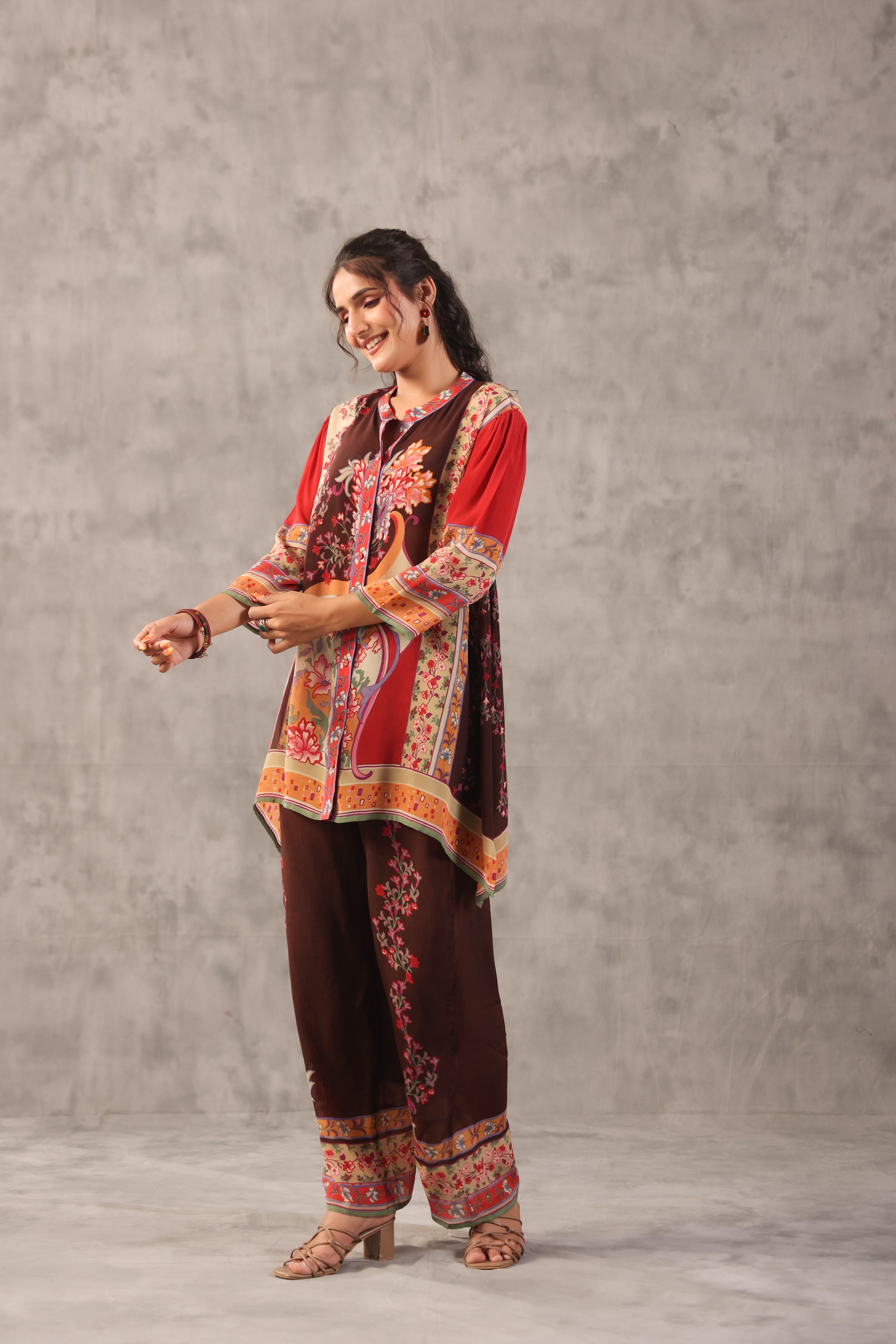 Chocolate Brown Printed Crepe Silk Co-Ord Set