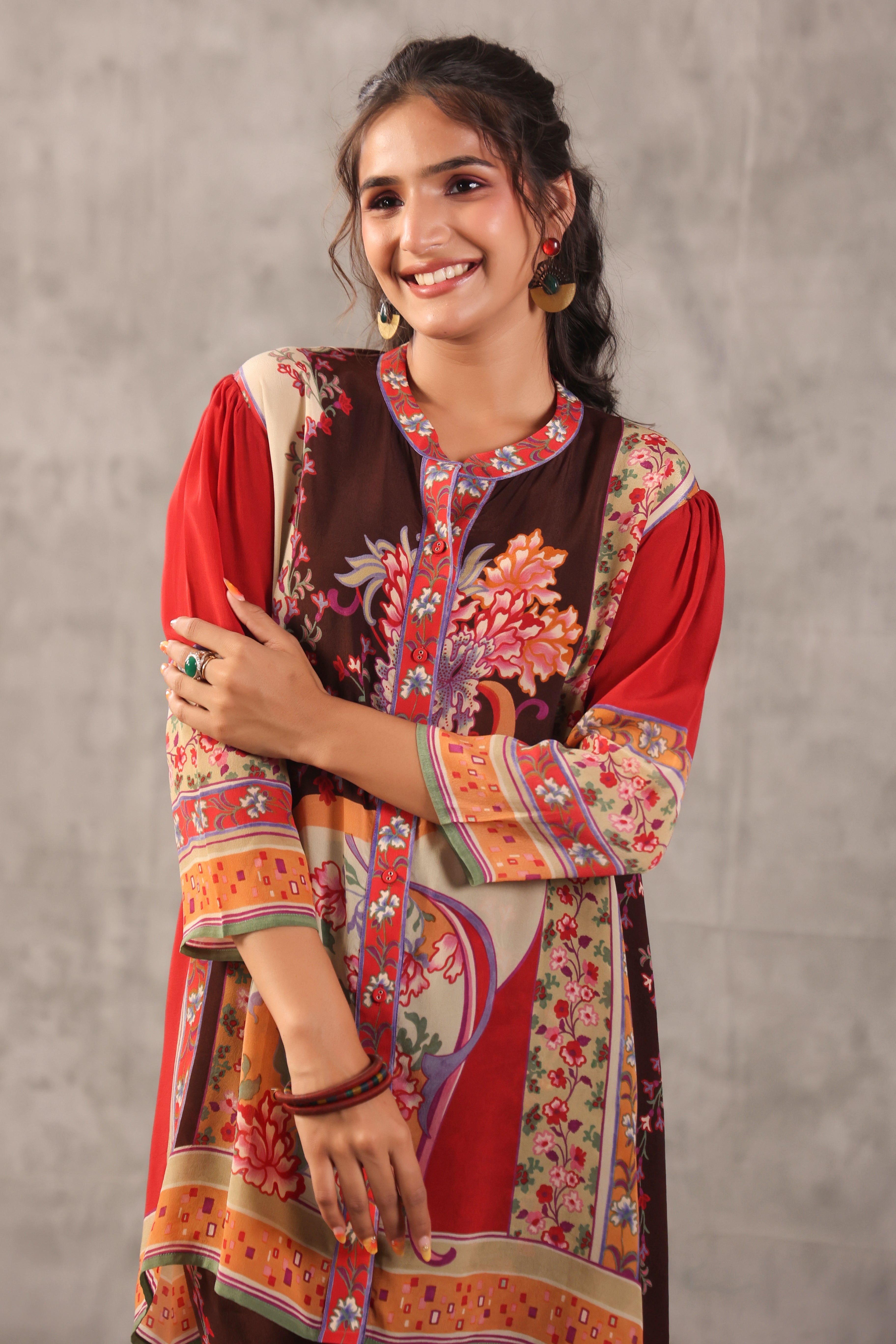 Chocolate Brown Printed Crepe Silk Co-Ord Set