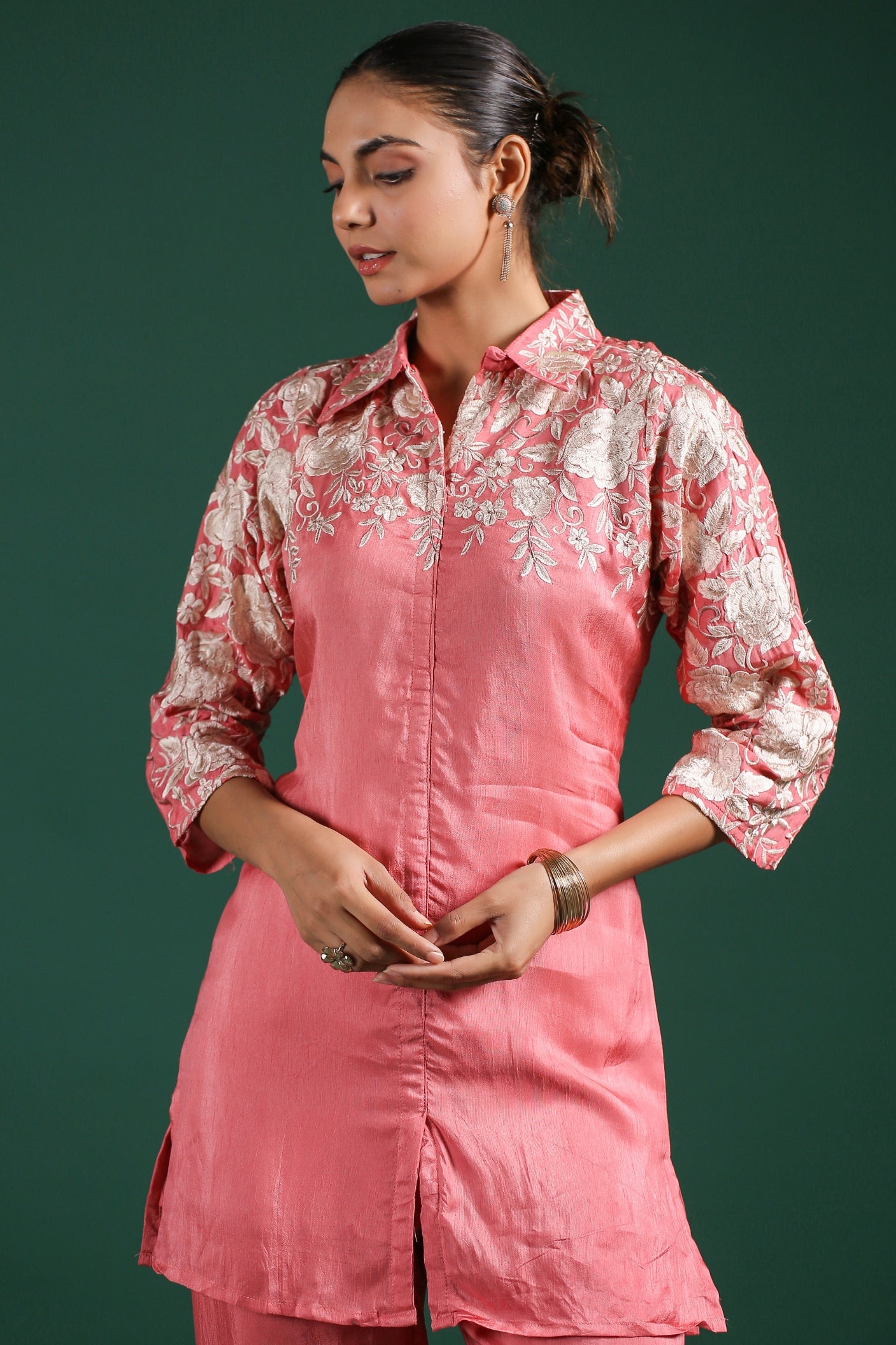 Blush Pink Embroidered Mulberry Silk Co-Ord Set