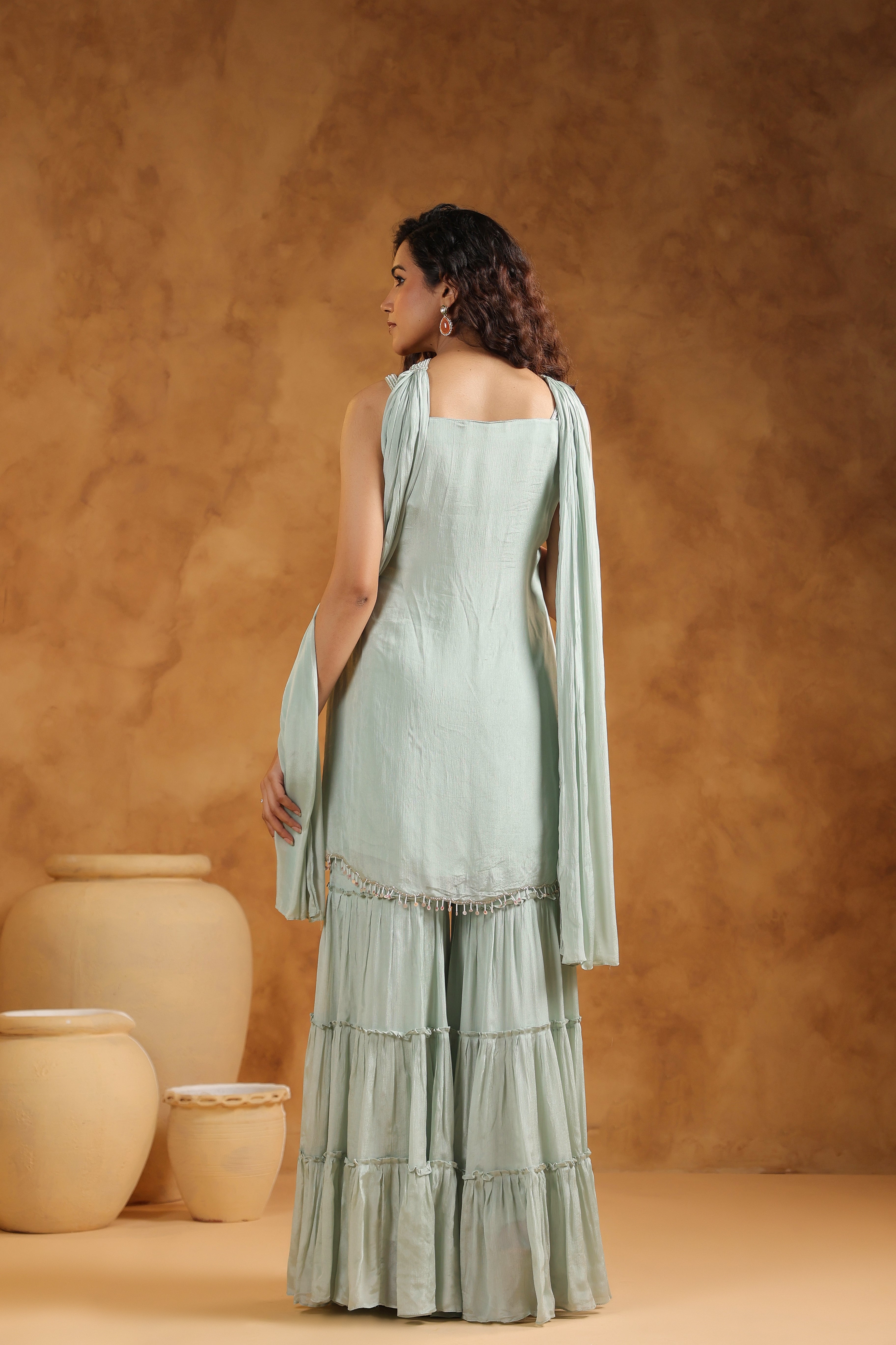 Pale Mint Embellished Chinon Silk Sharara Set