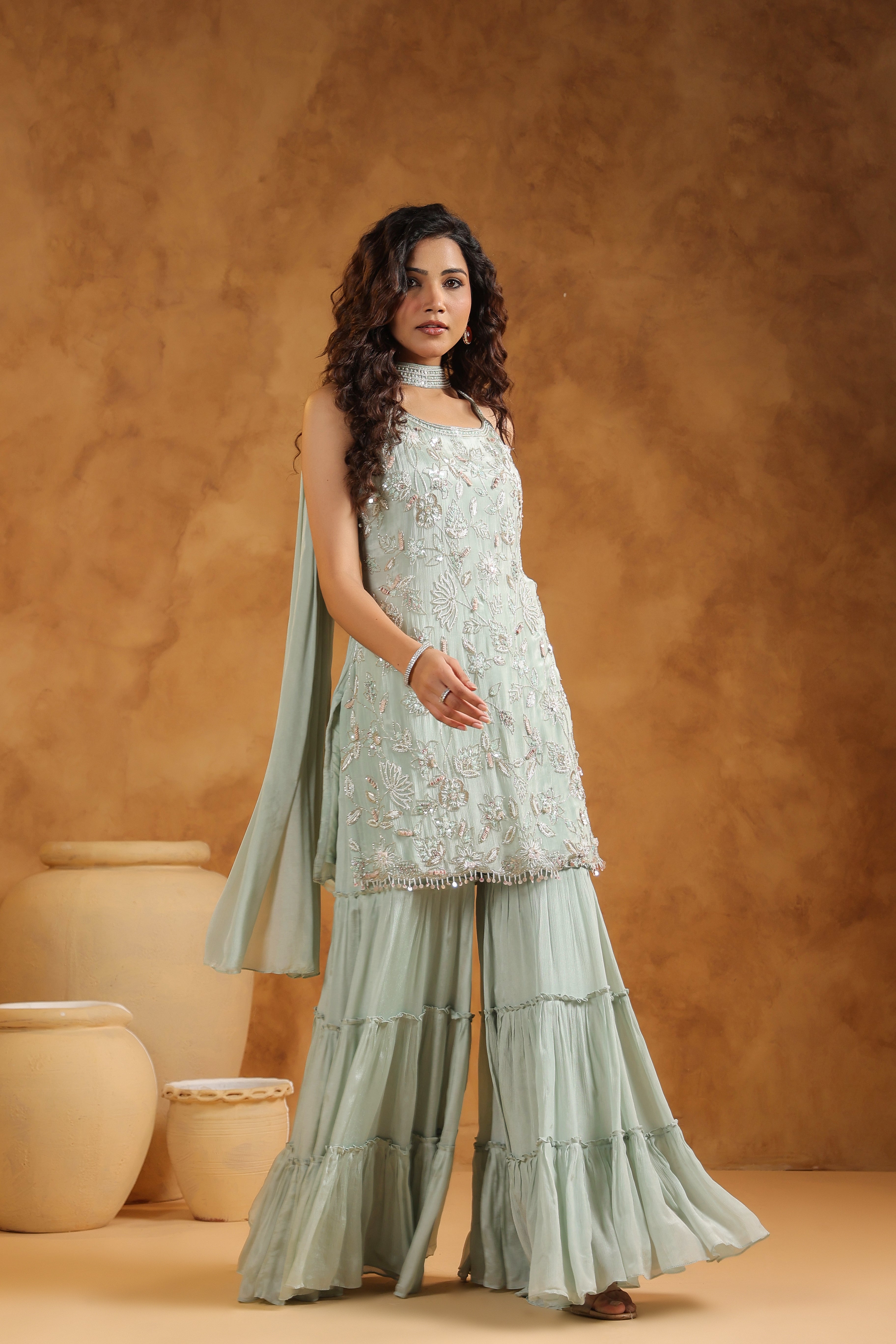 Pale Mint Embellished Chinon Silk Sharara Set
