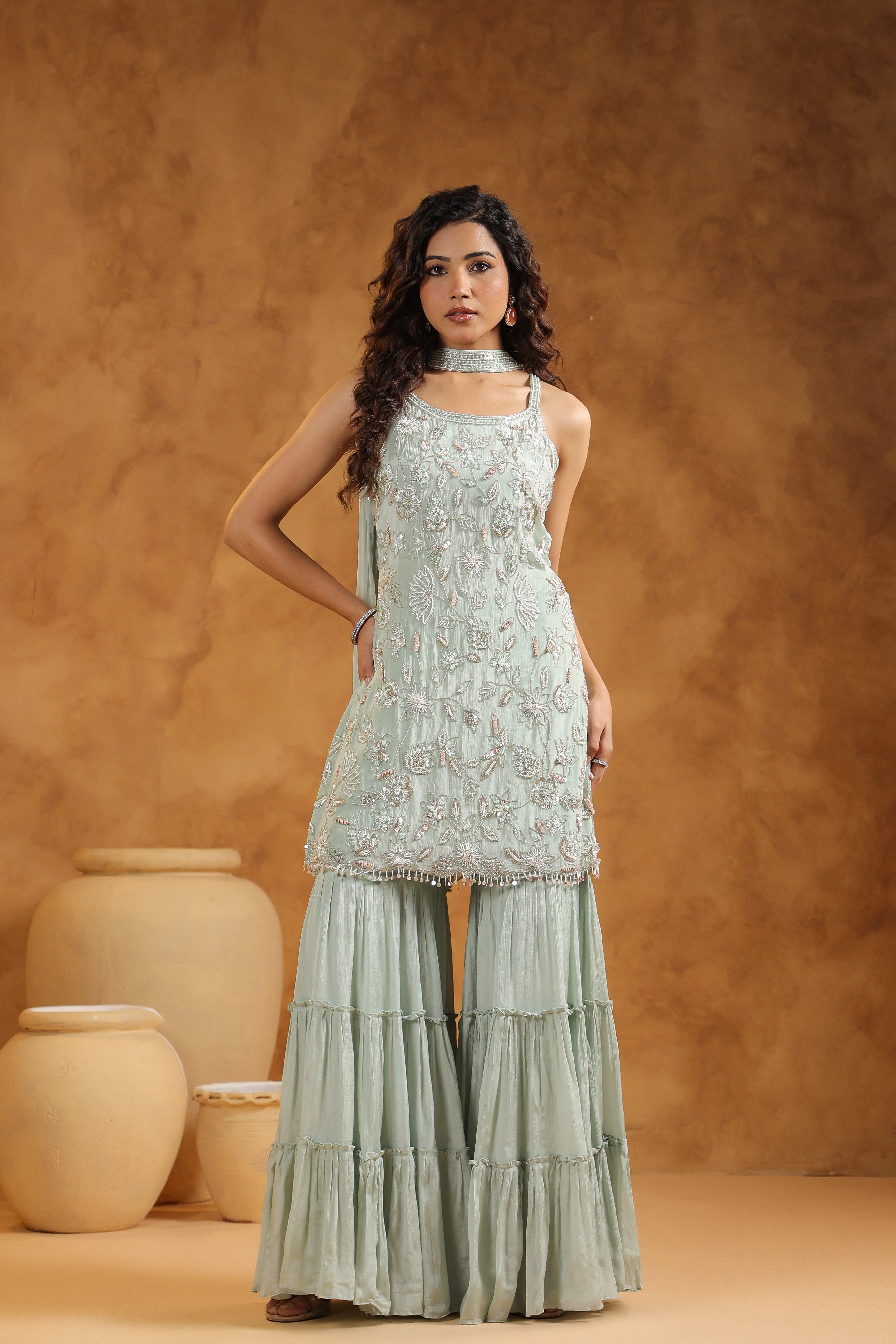 Pale Mint Embellished Chinon Silk Sharara Set