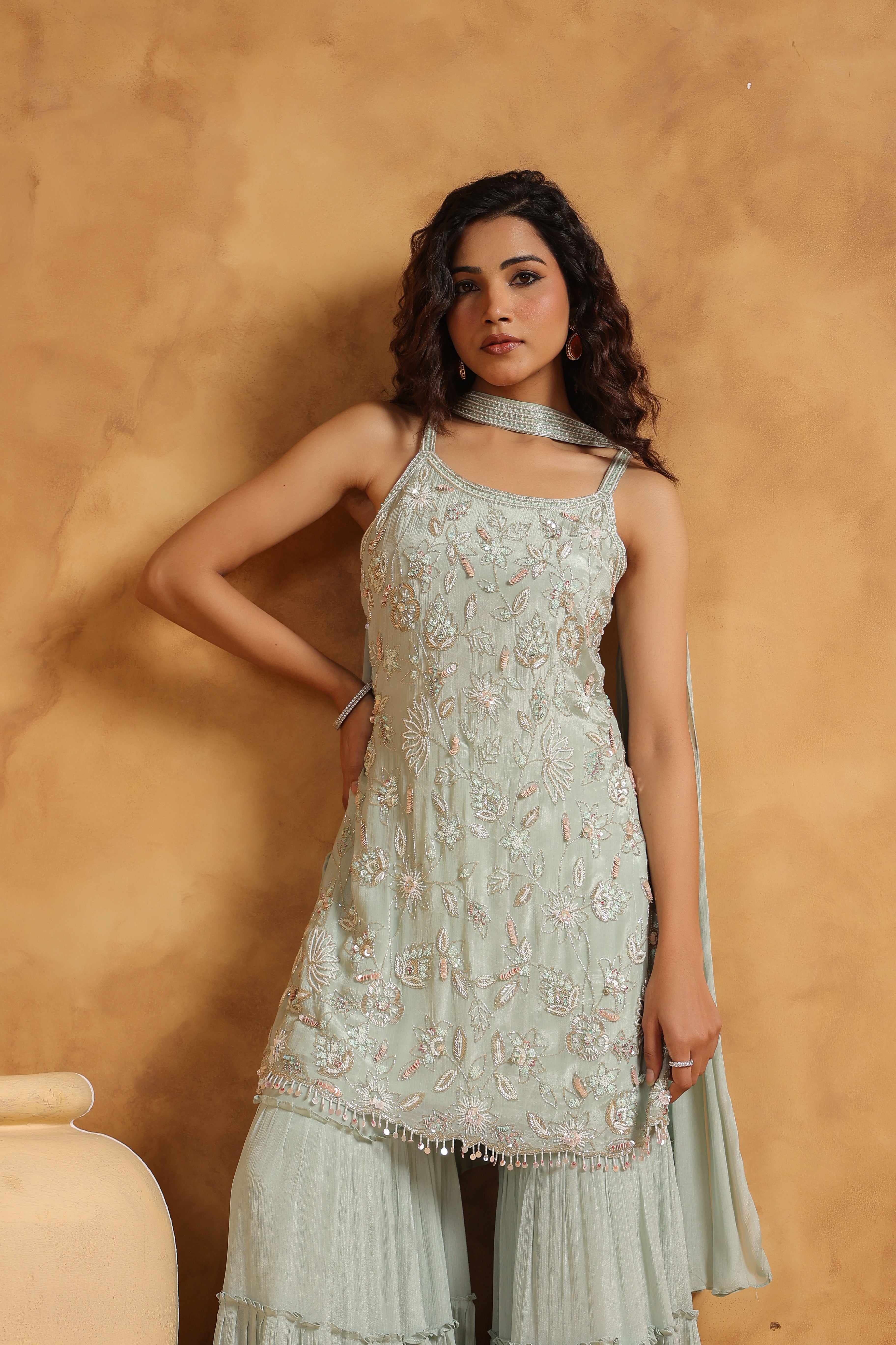 Pale Mint Embellished Chinon Silk Sharara Set