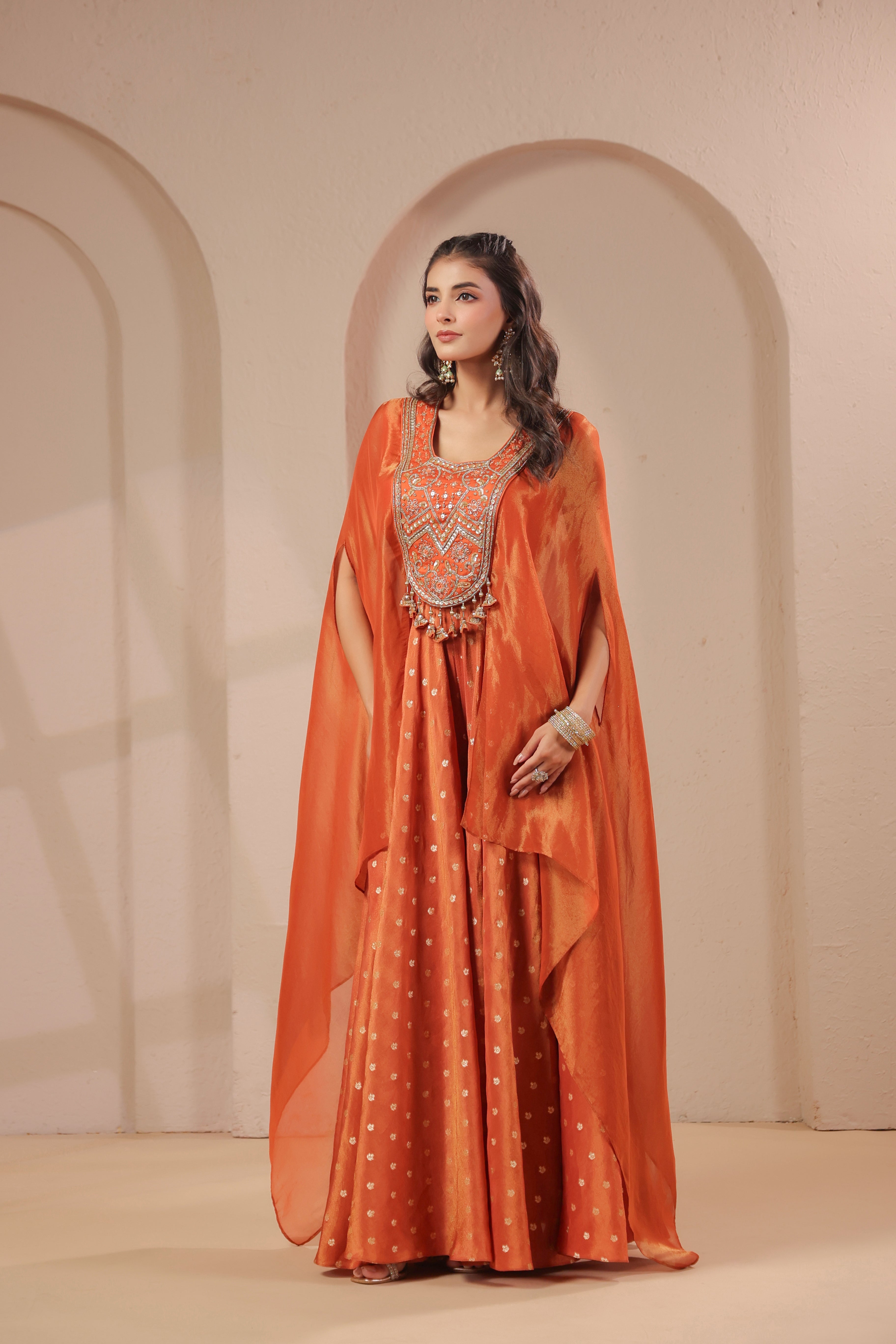 Soft Orange Embellished Shimmer Organza Palazzo Set