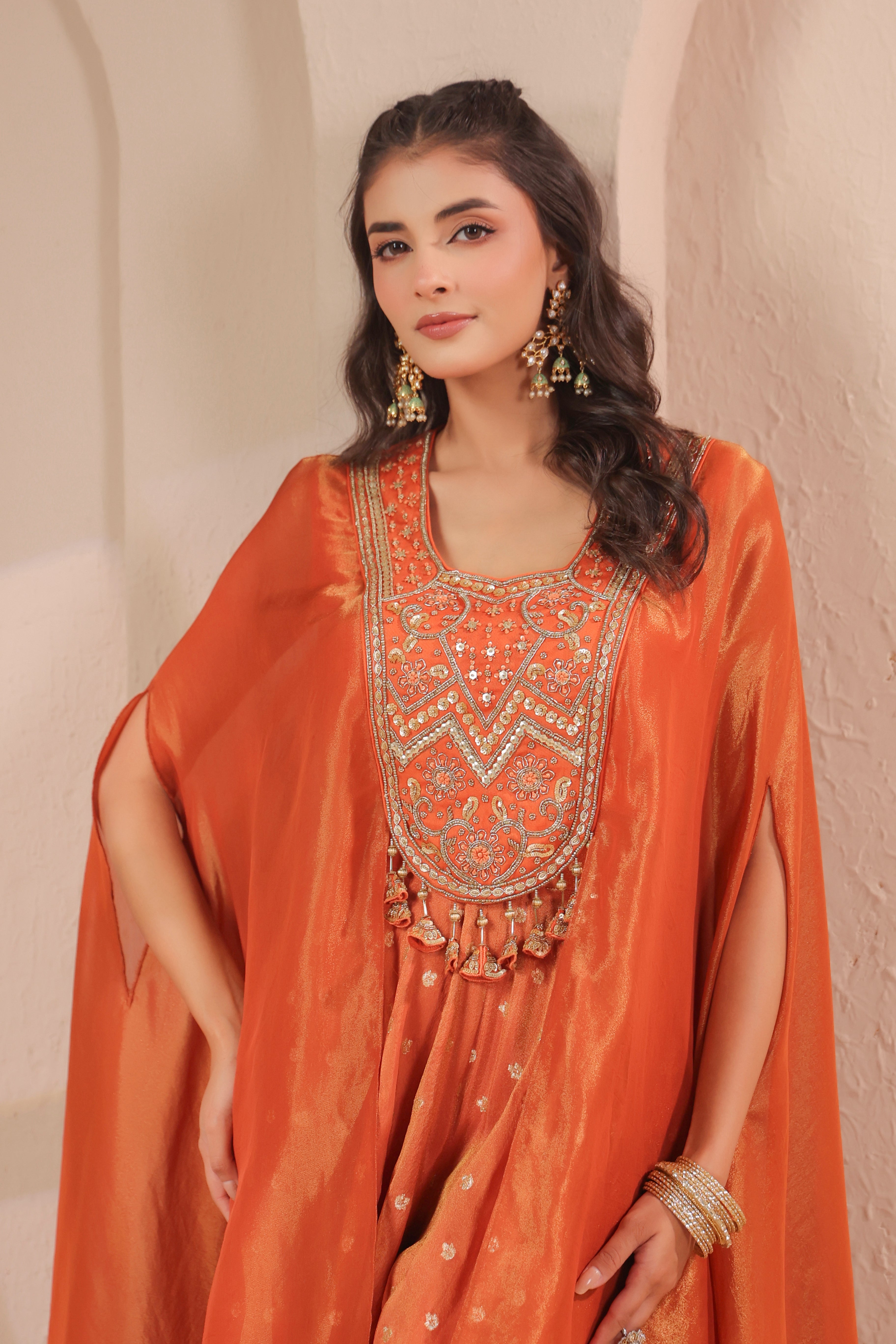 Soft Orange Embellished Shimmer Organza Palazzo Set