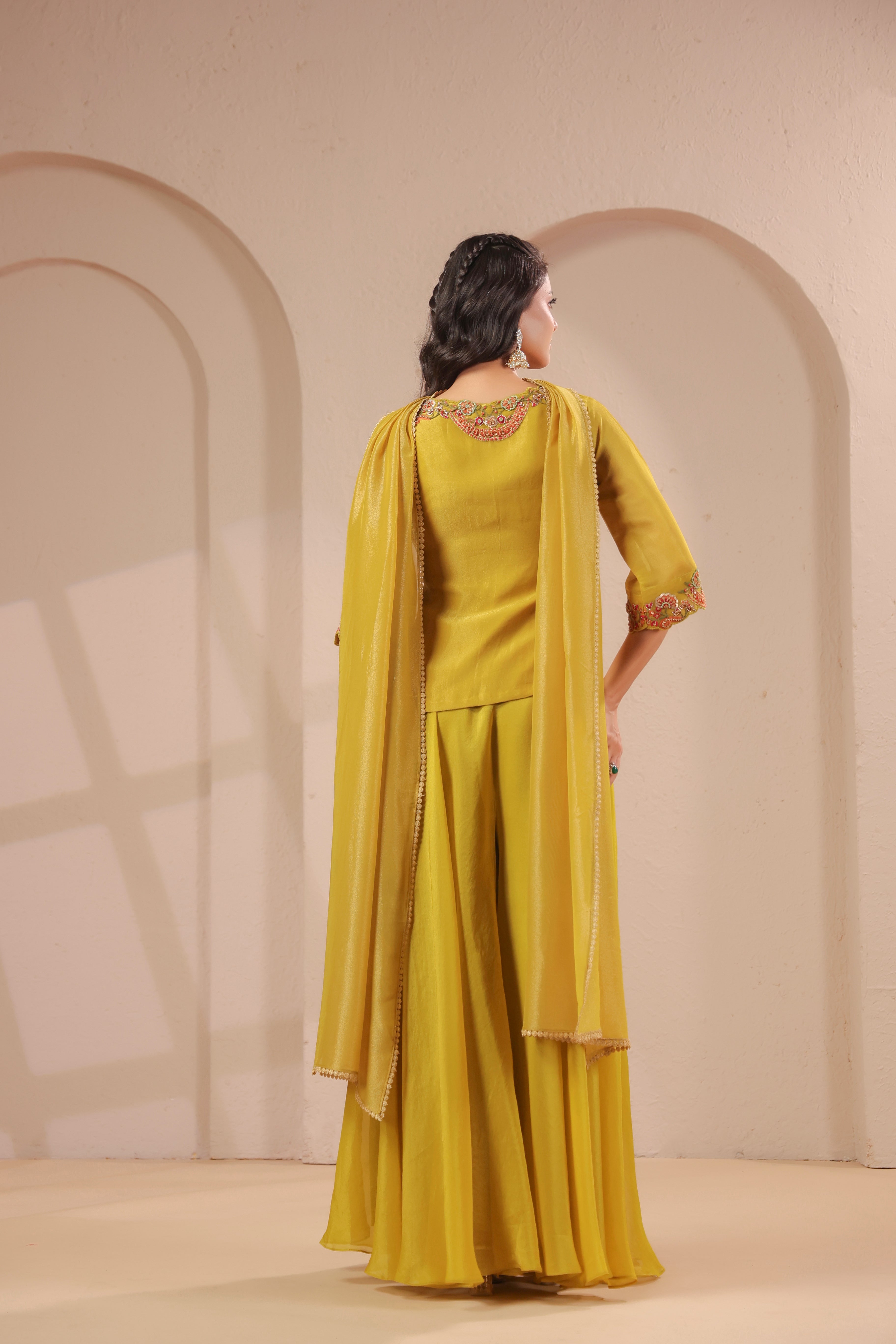Cornsilk Yellow Embellished Shimmer Organza Palazzo Set