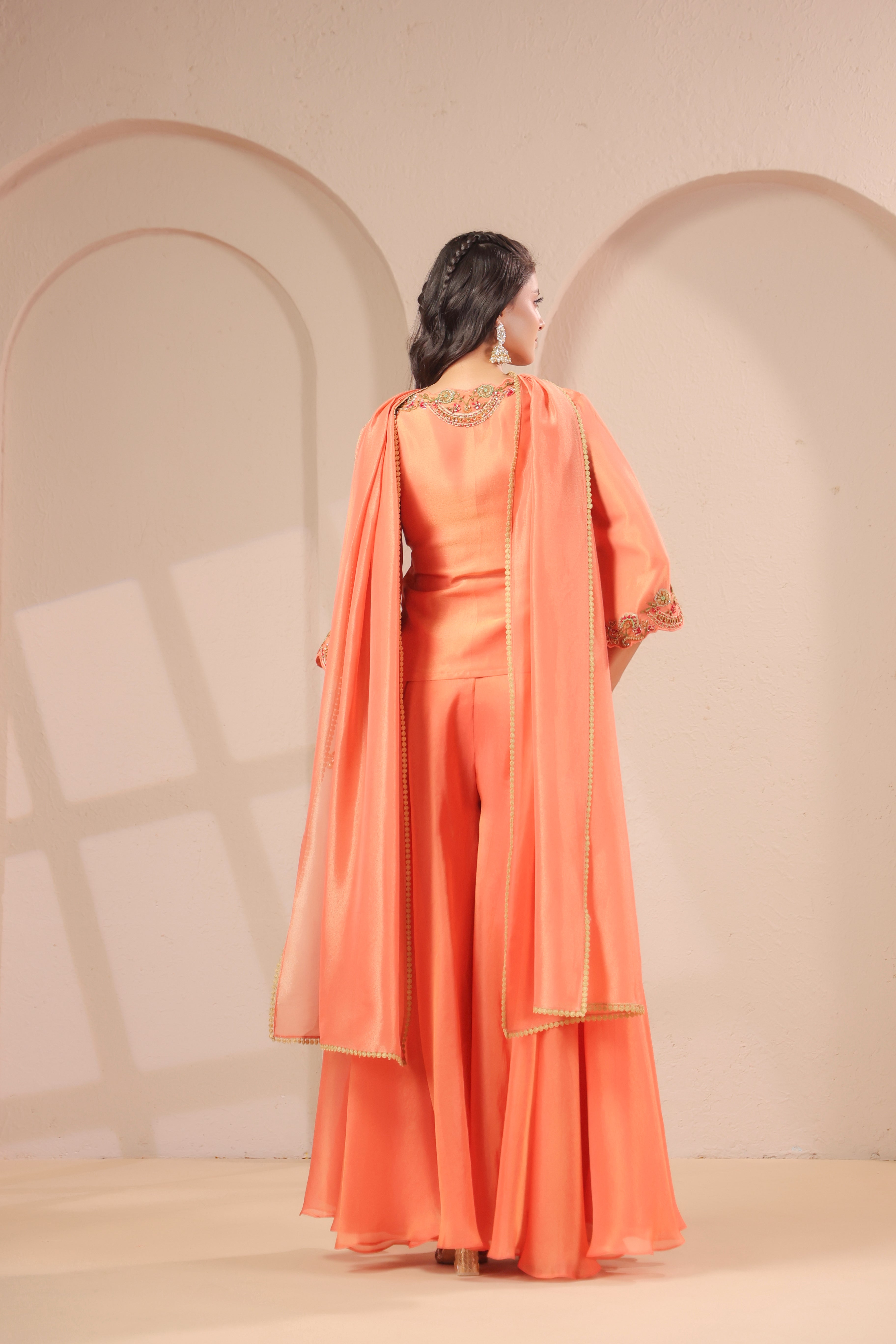 Apricot Embellished Shimmer Organza Silk Palazzo Set