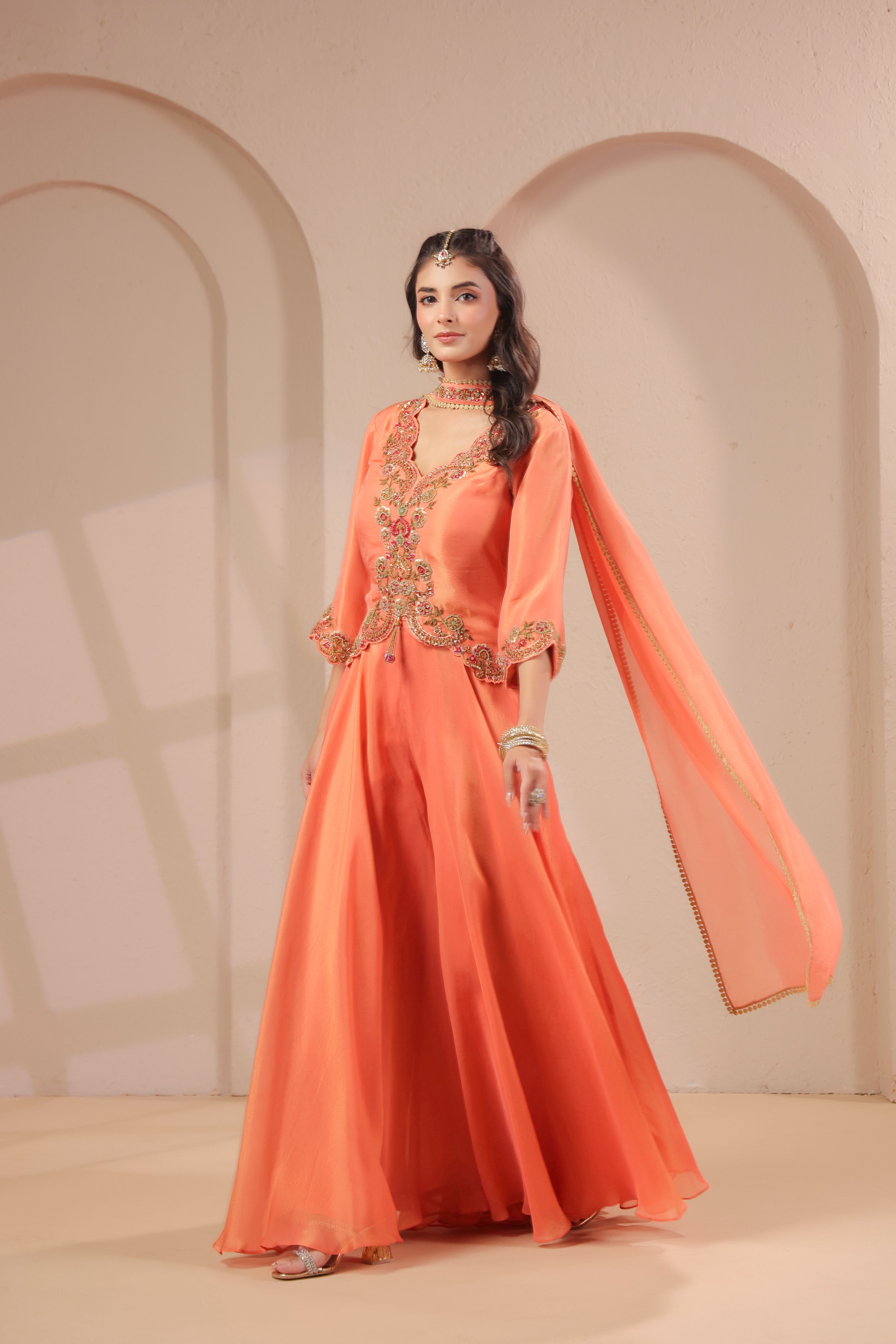 Apricot Embellished Shimmer Organza Silk Palazzo Set