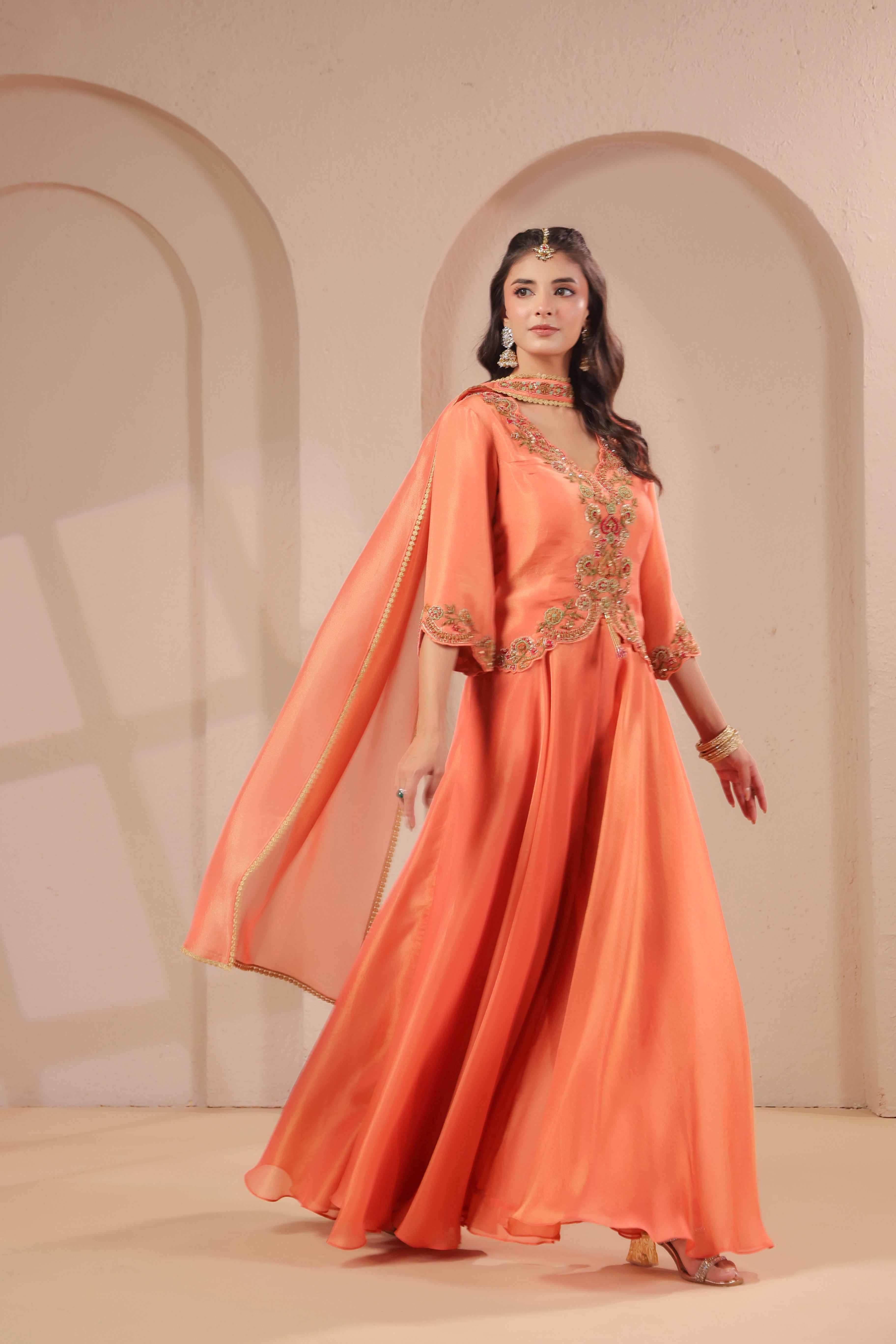 Apricot Embellished Shimmer Organza Silk Palazzo Set