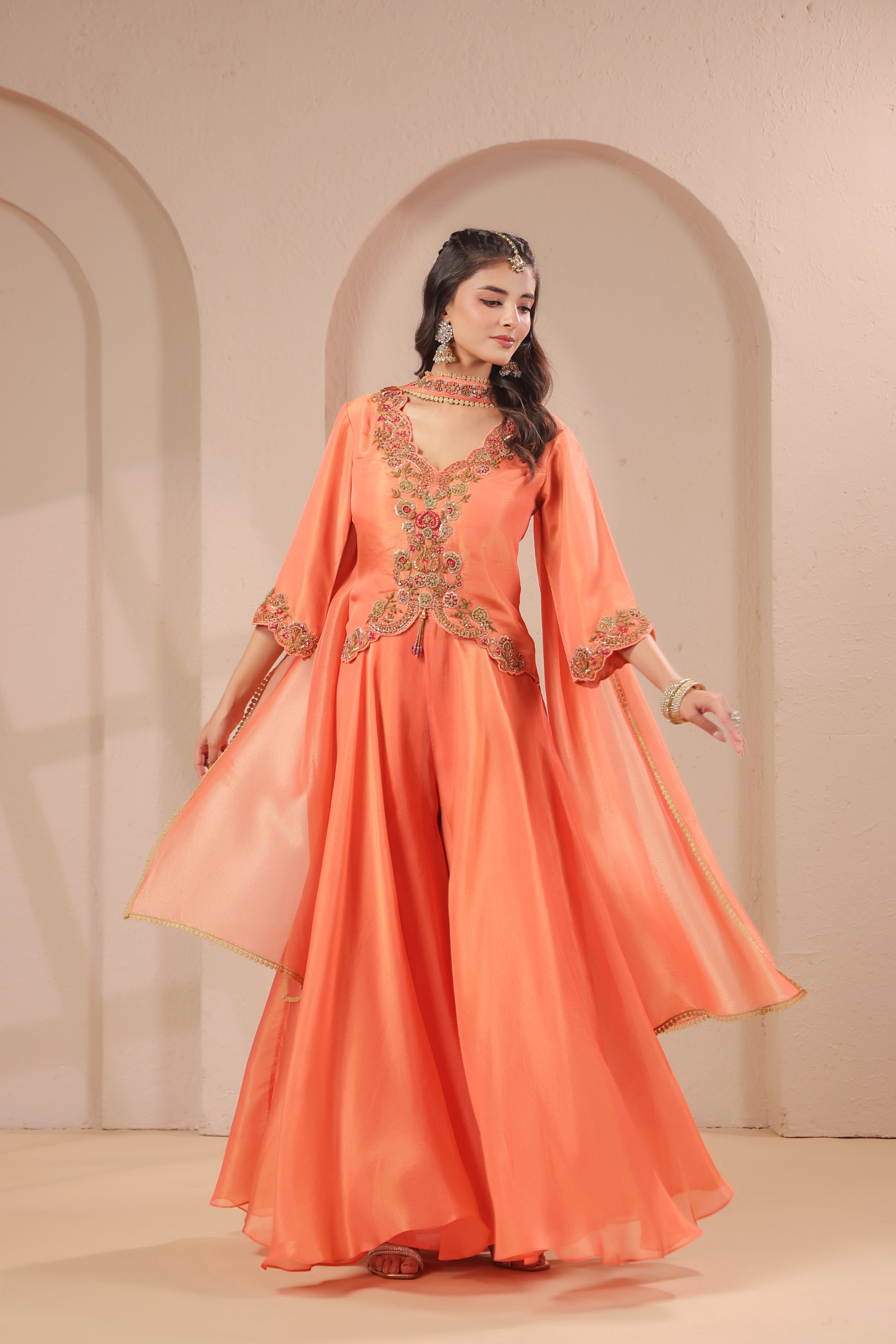 Apricot Embellished Shimmer Organza Silk Palazzo Set