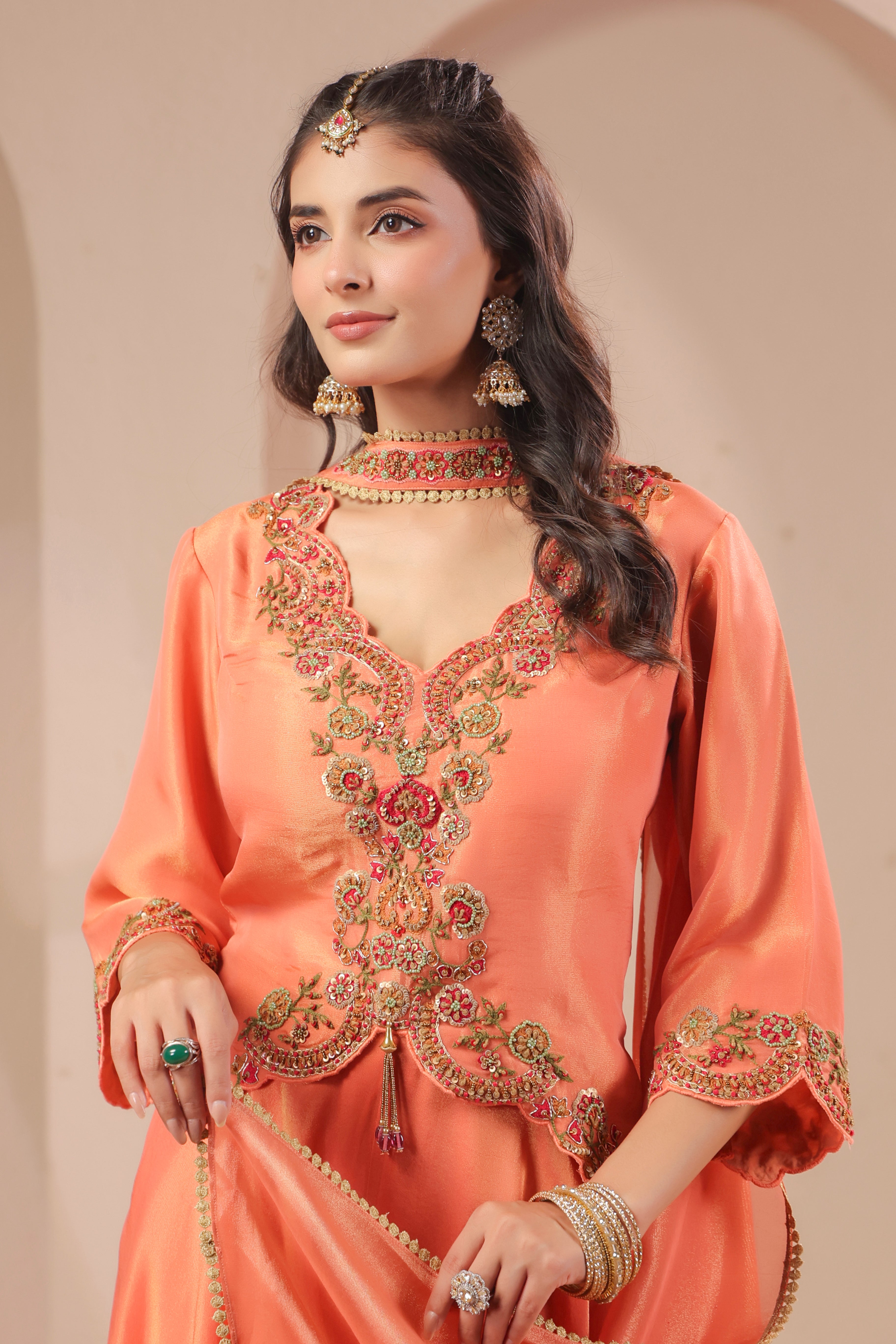 Apricot Embellished Shimmer Organza Silk Palazzo Set
