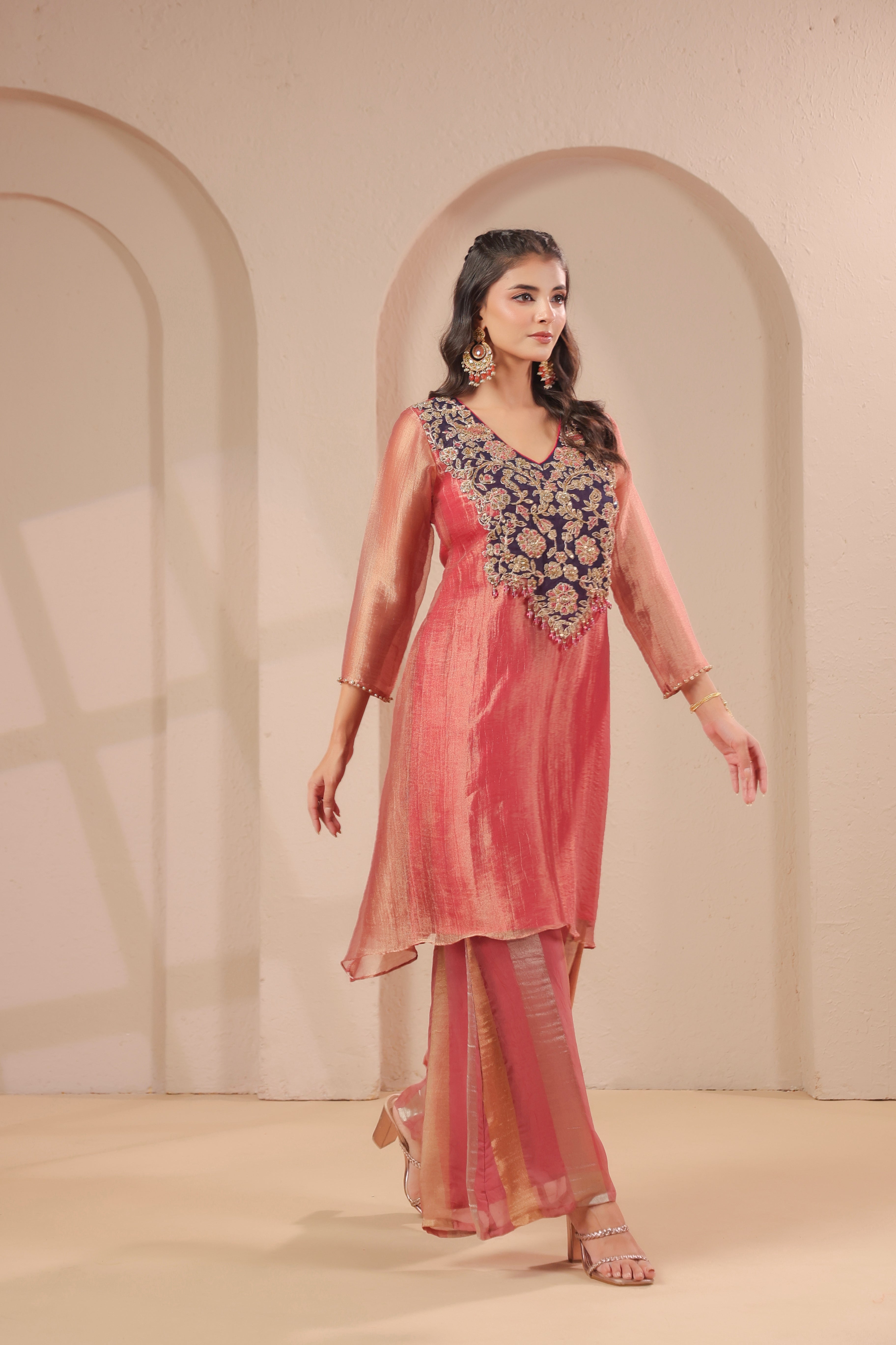 Coral Pink Embellished Organza Silk Palazzo Set