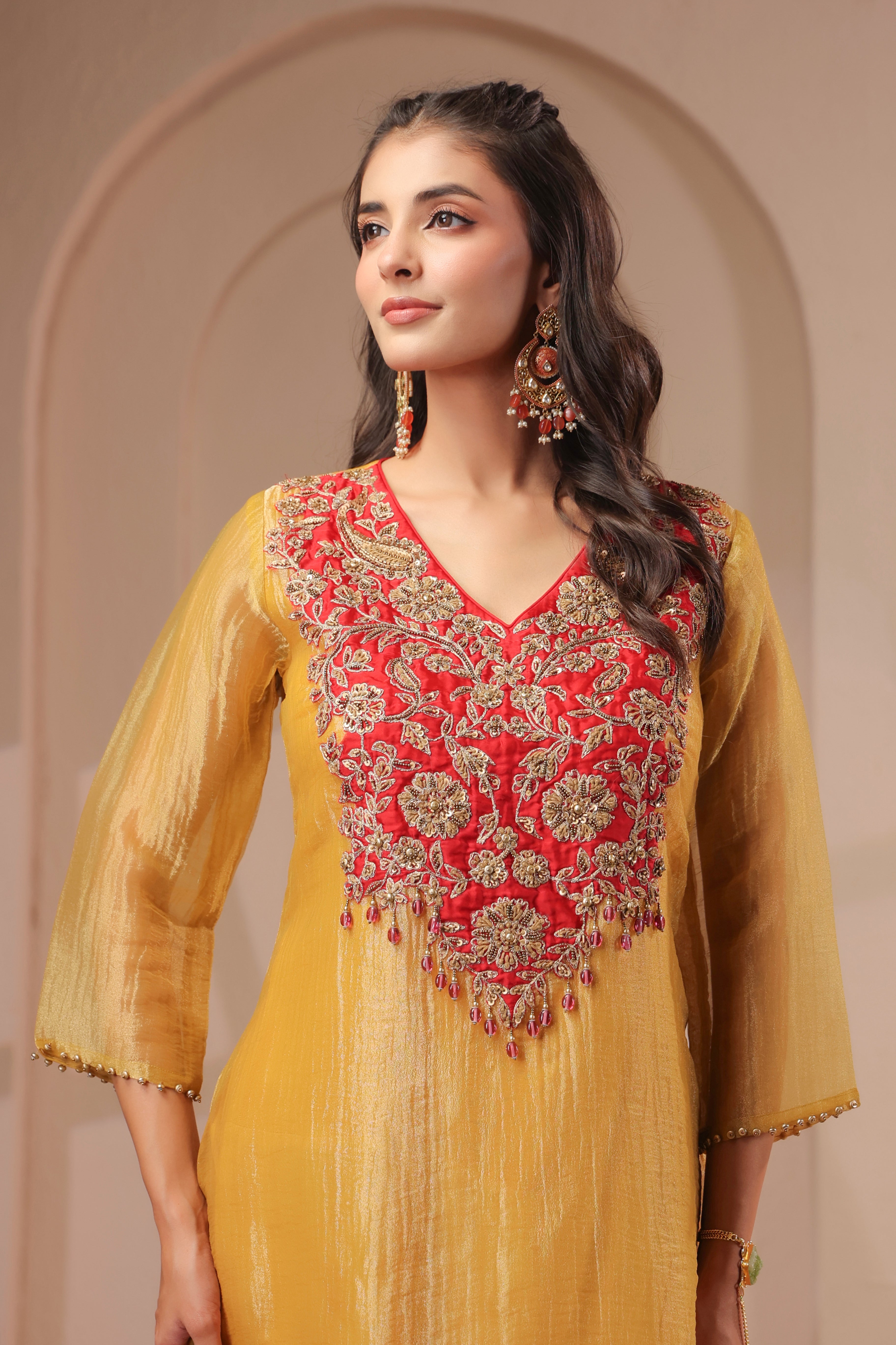 Sun-Gold Embellished Organza Silk Palazzo Set