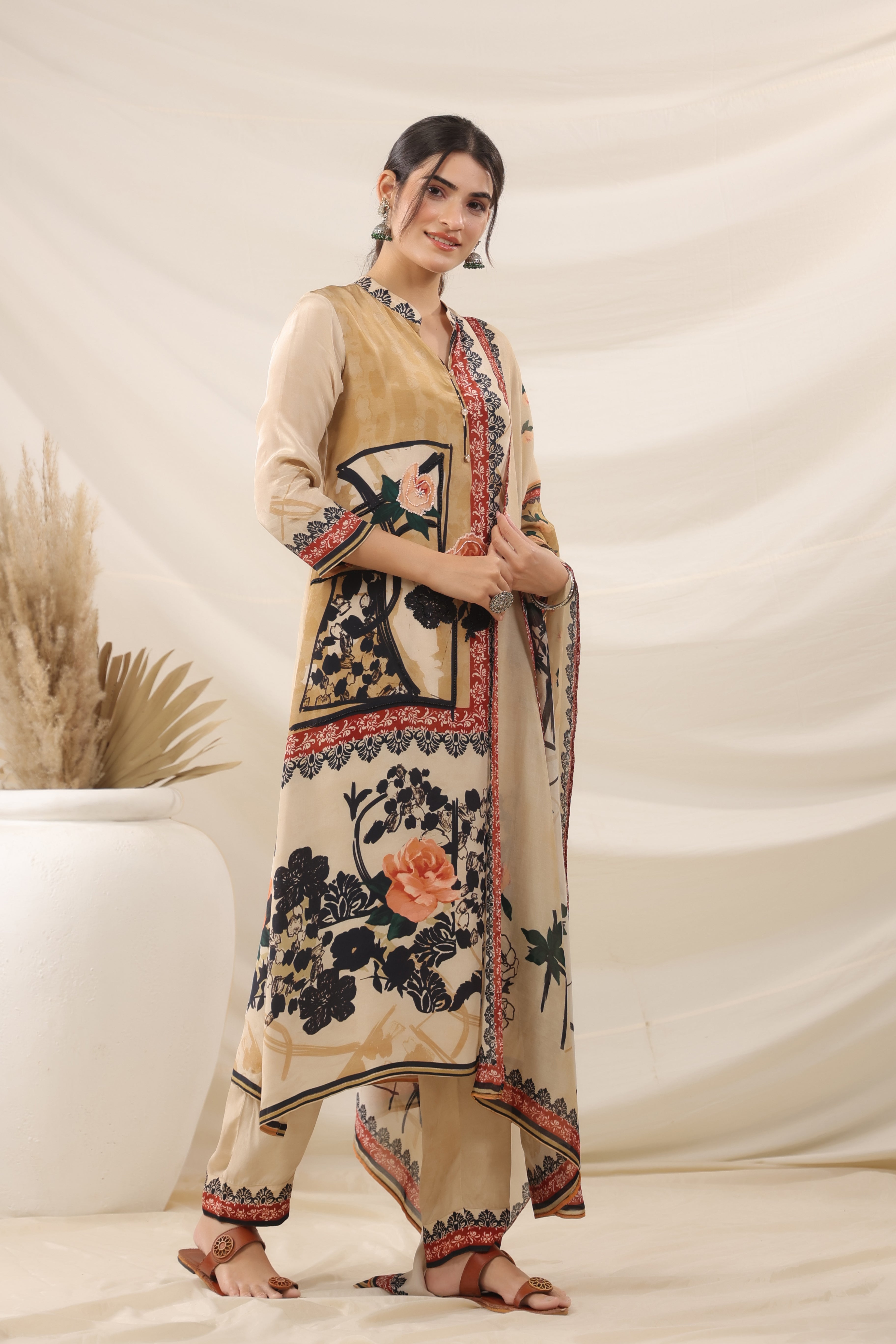 Champagne Floral Printed Crepe Silk Kurta Pants Set