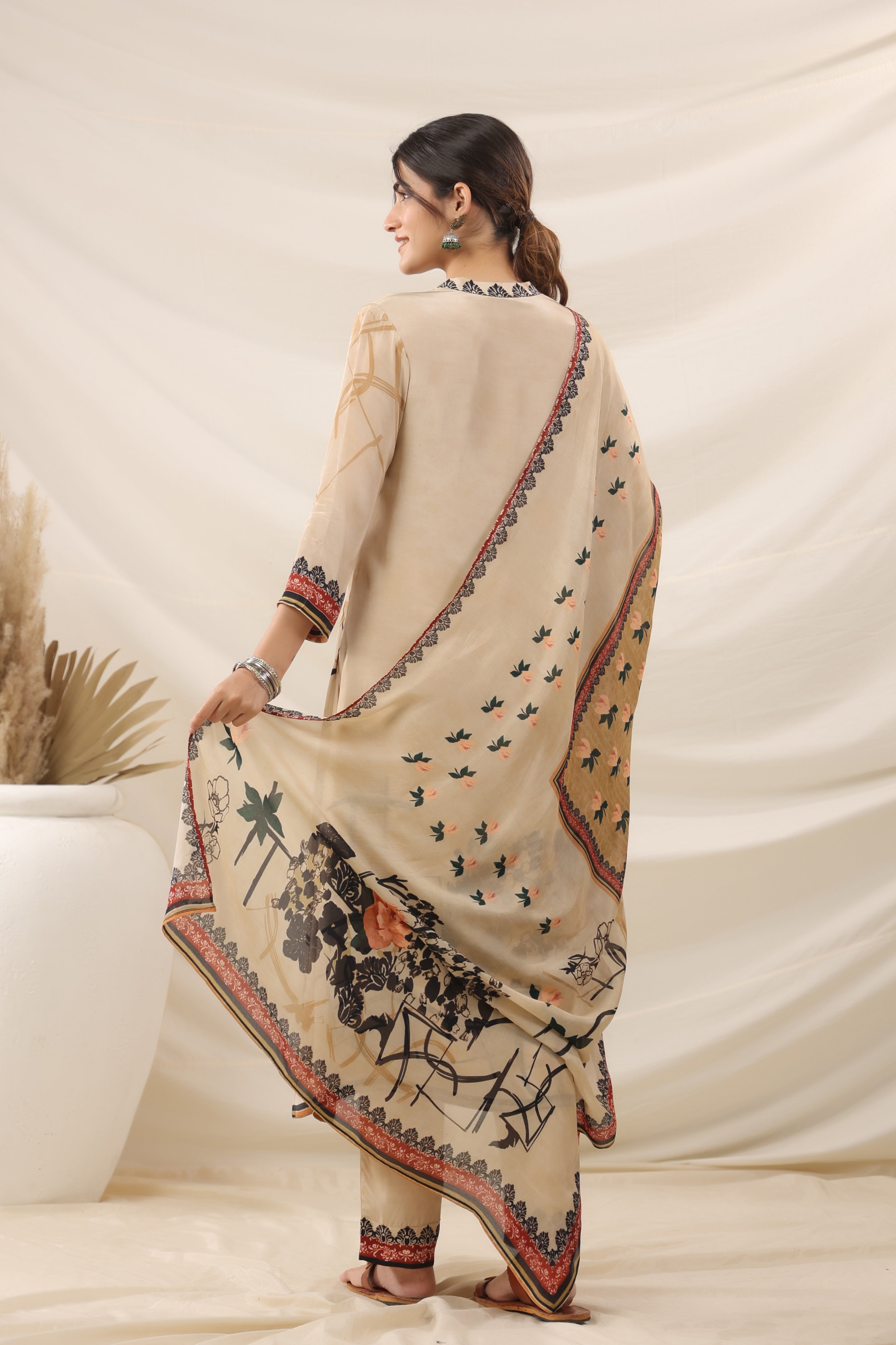 Champagne Floral Printed Crepe Silk Kurta Pants Set