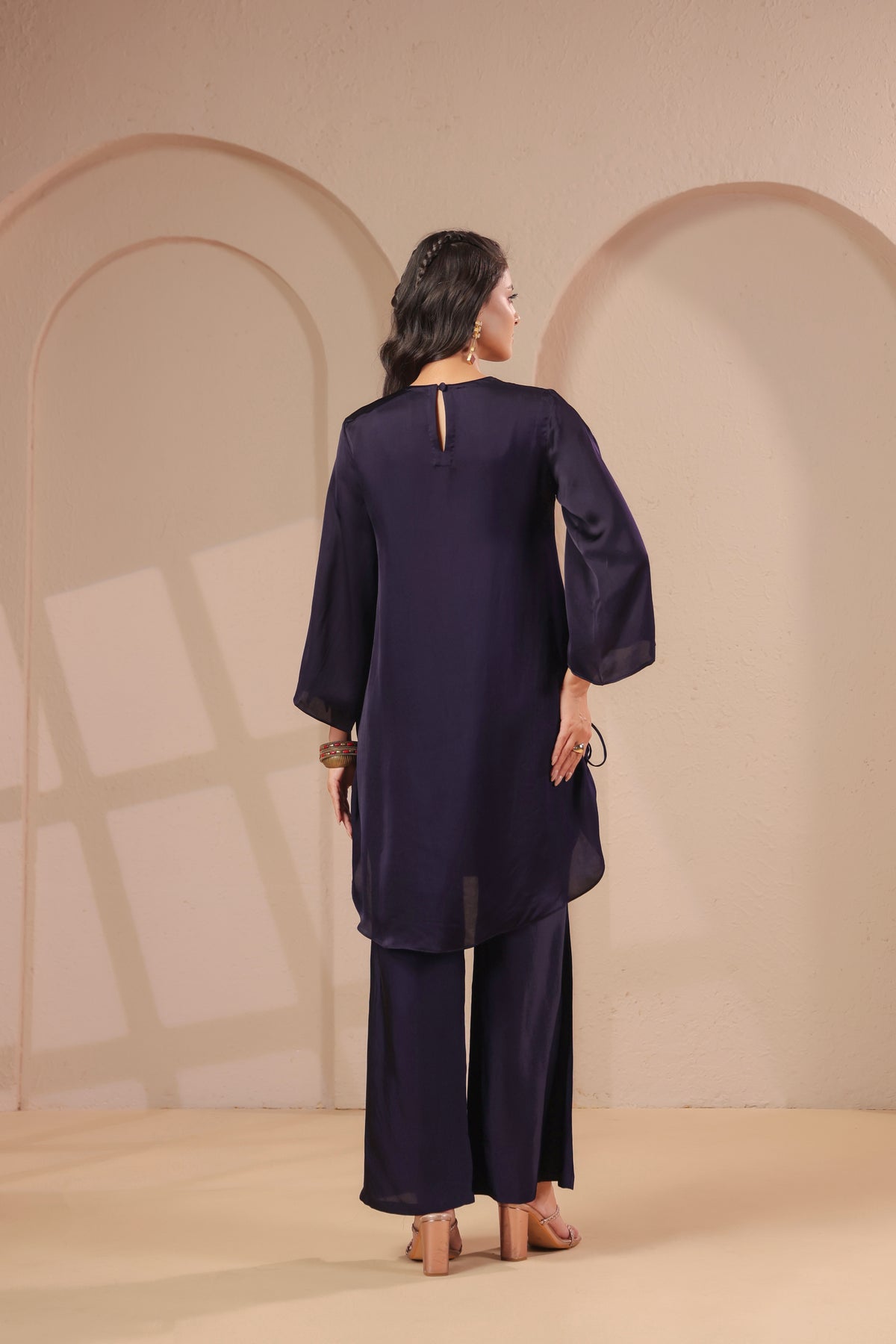 Midnight Navy Embellished Modal Silk Palazzo Set