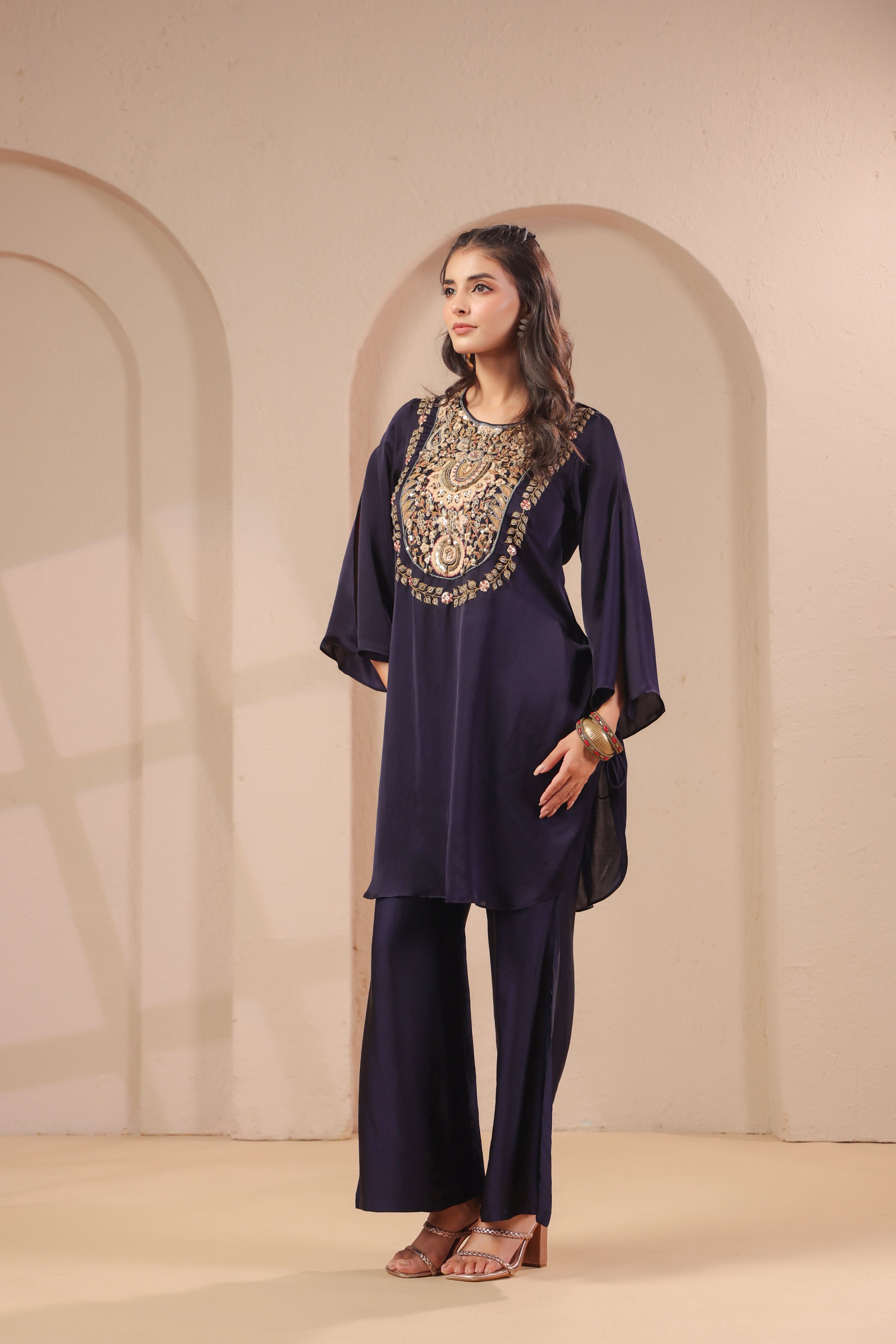 Midnight Navy Embellished Modal Silk Palazzo Set