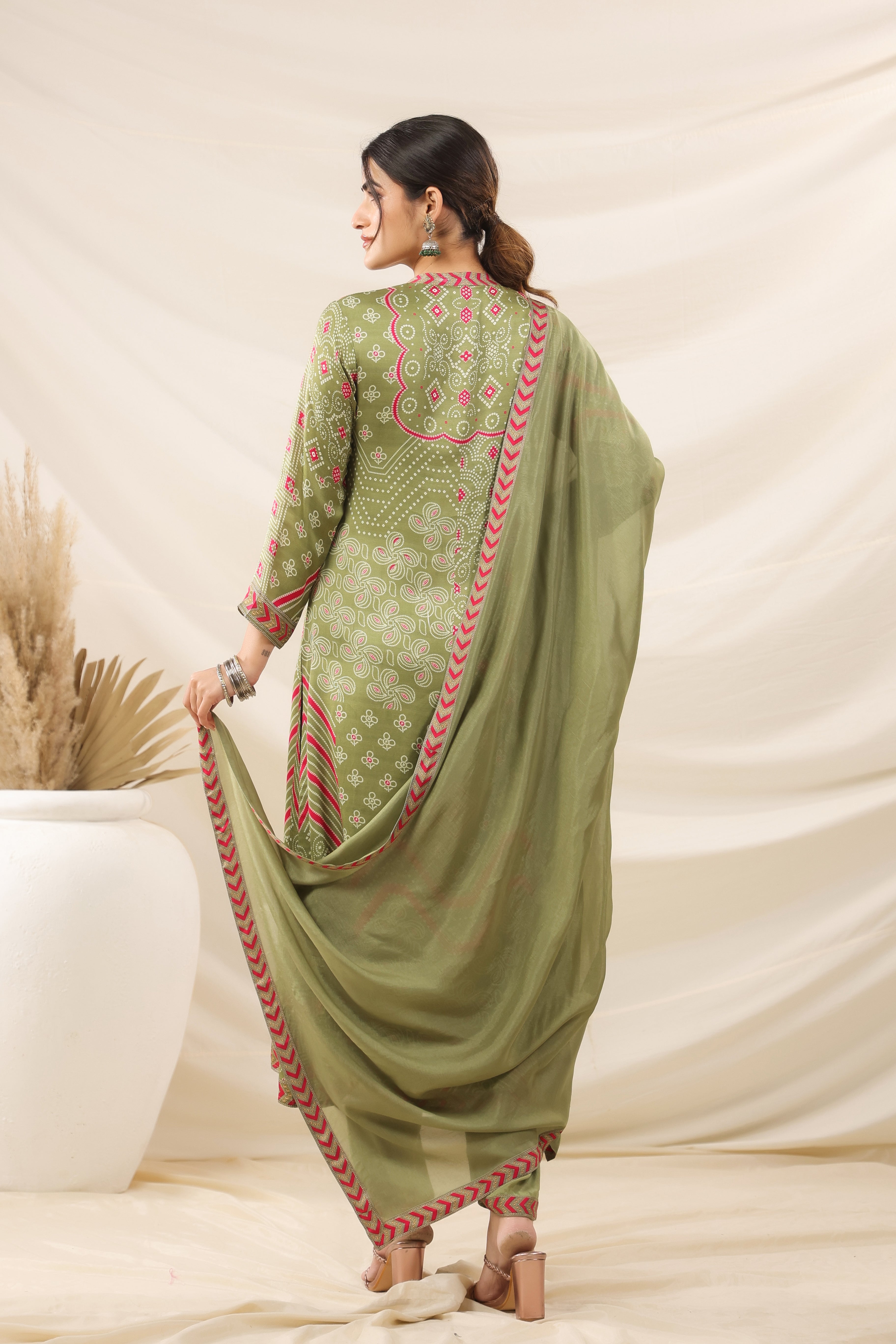 Holy Green Bandhani Printed Satin Silk Kurta Pants Set