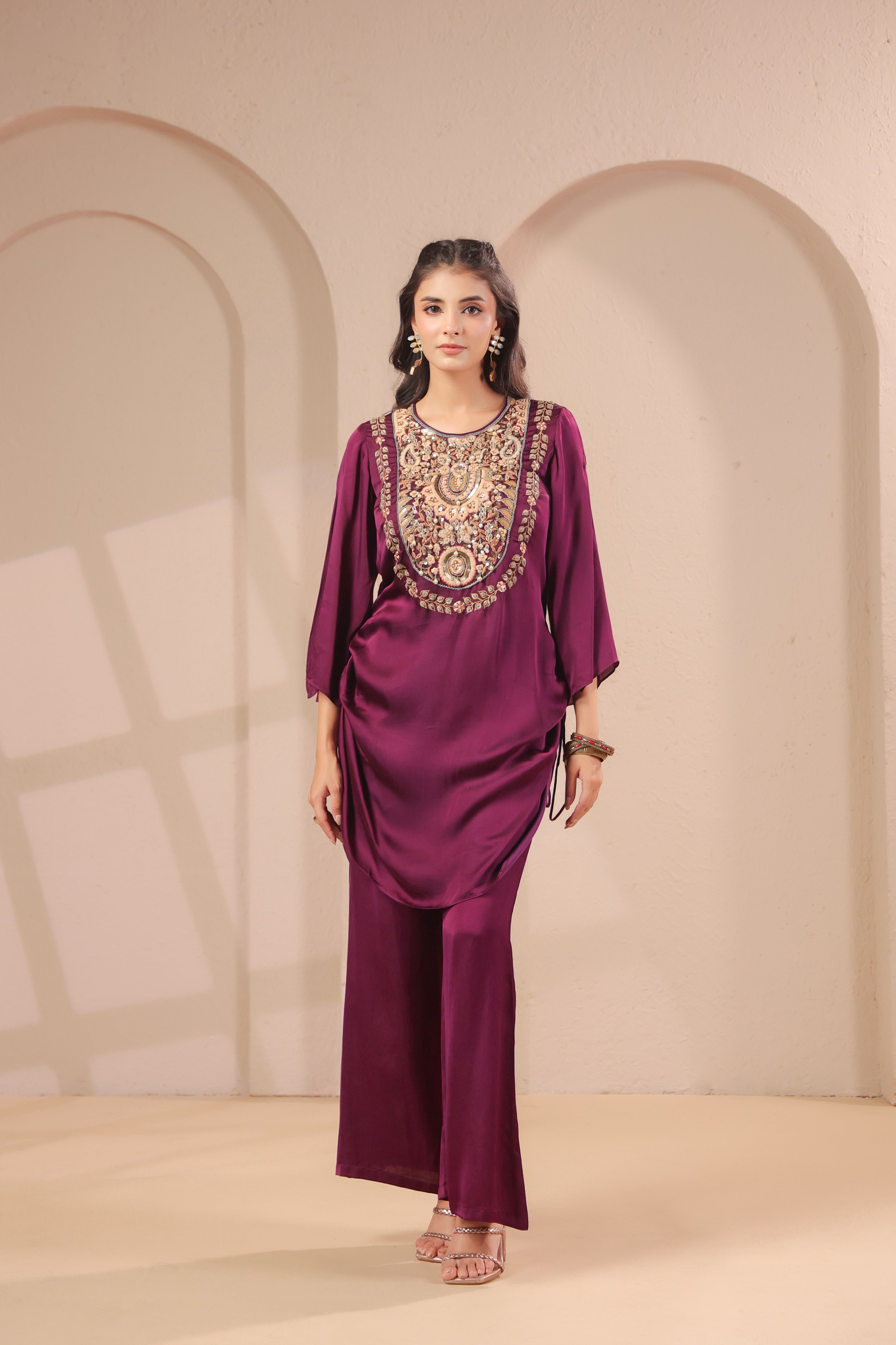 Wine Plum Embellished Modal Silk Palazzo Set
