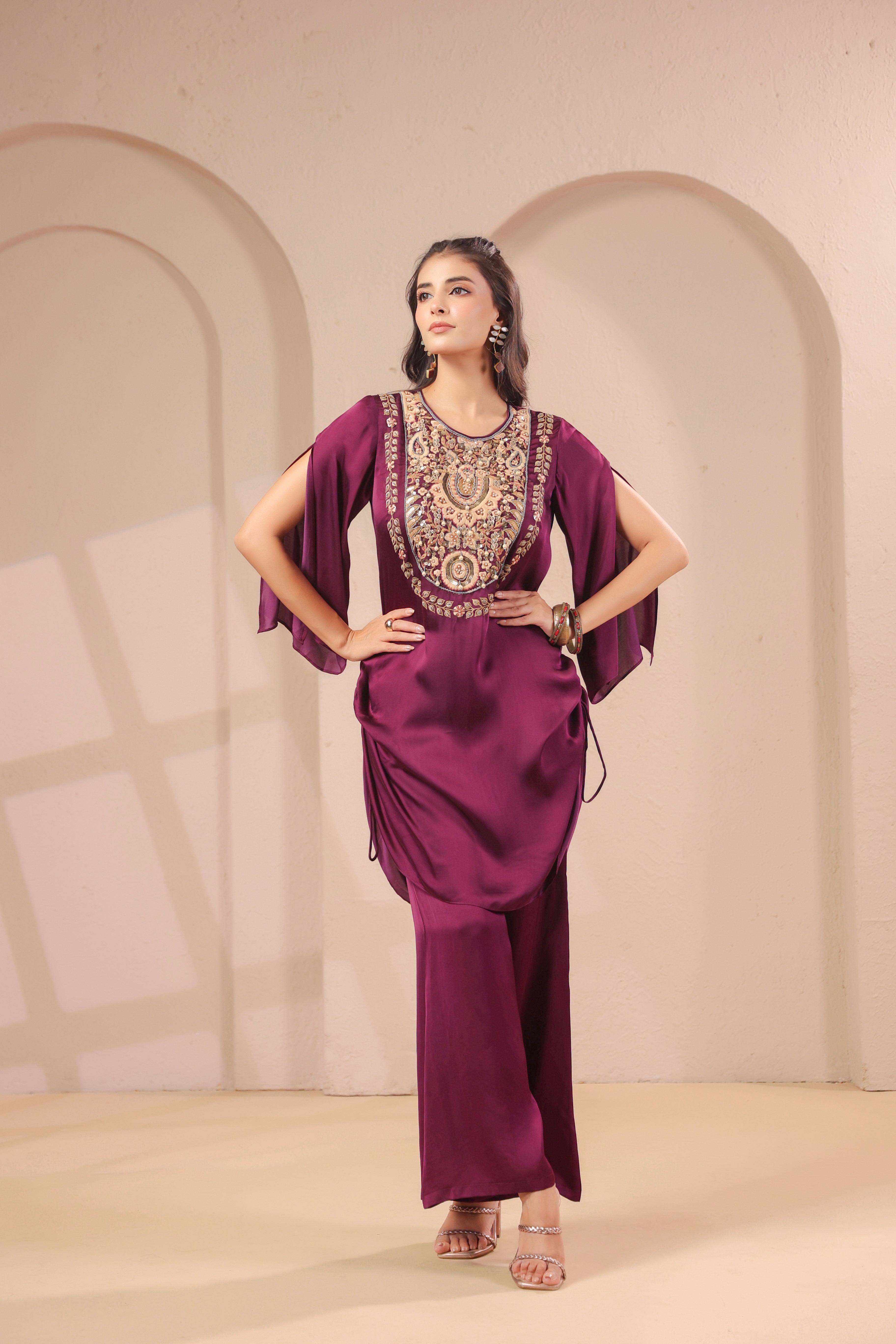 Wine Plum Embellished Modal Silk Palazzo Set