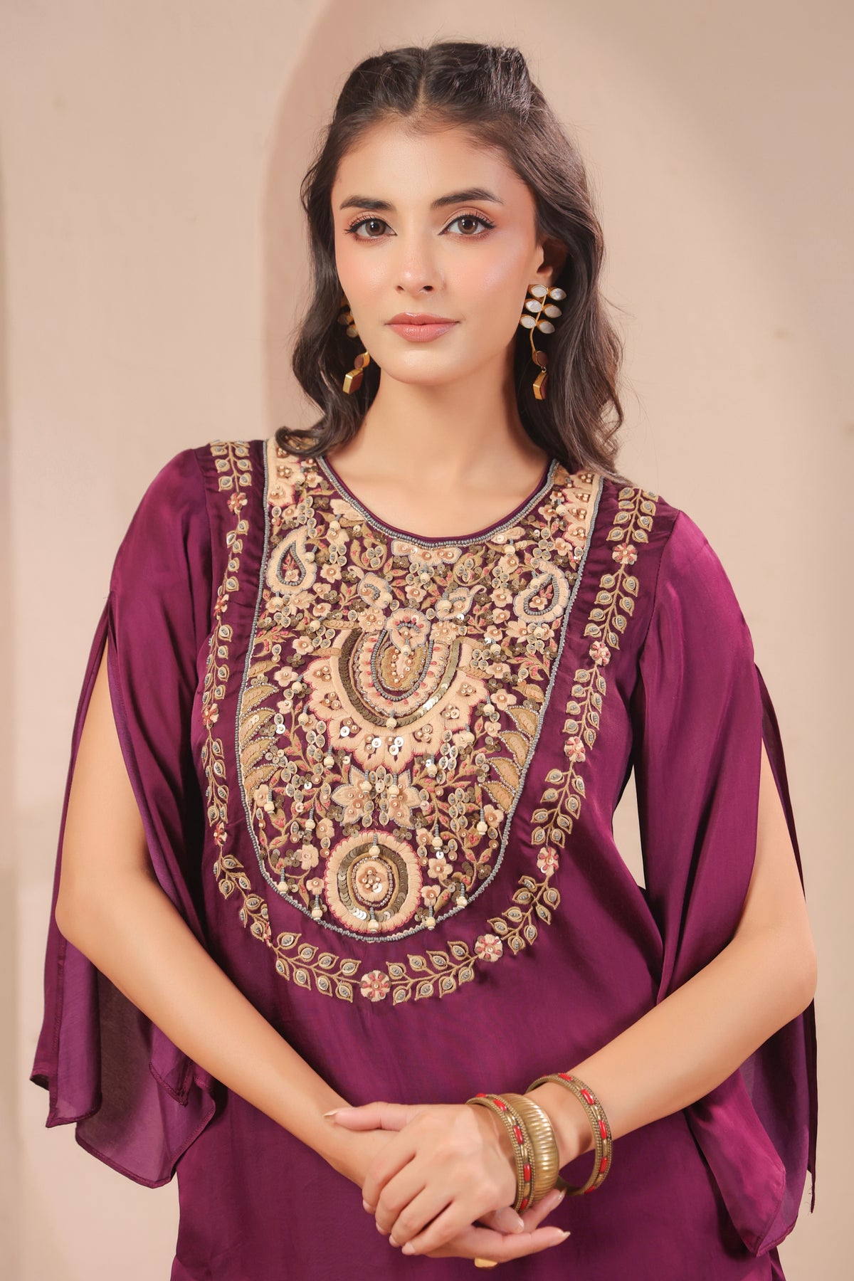 Wine Plum Embellished Modal Silk Palazzo Set