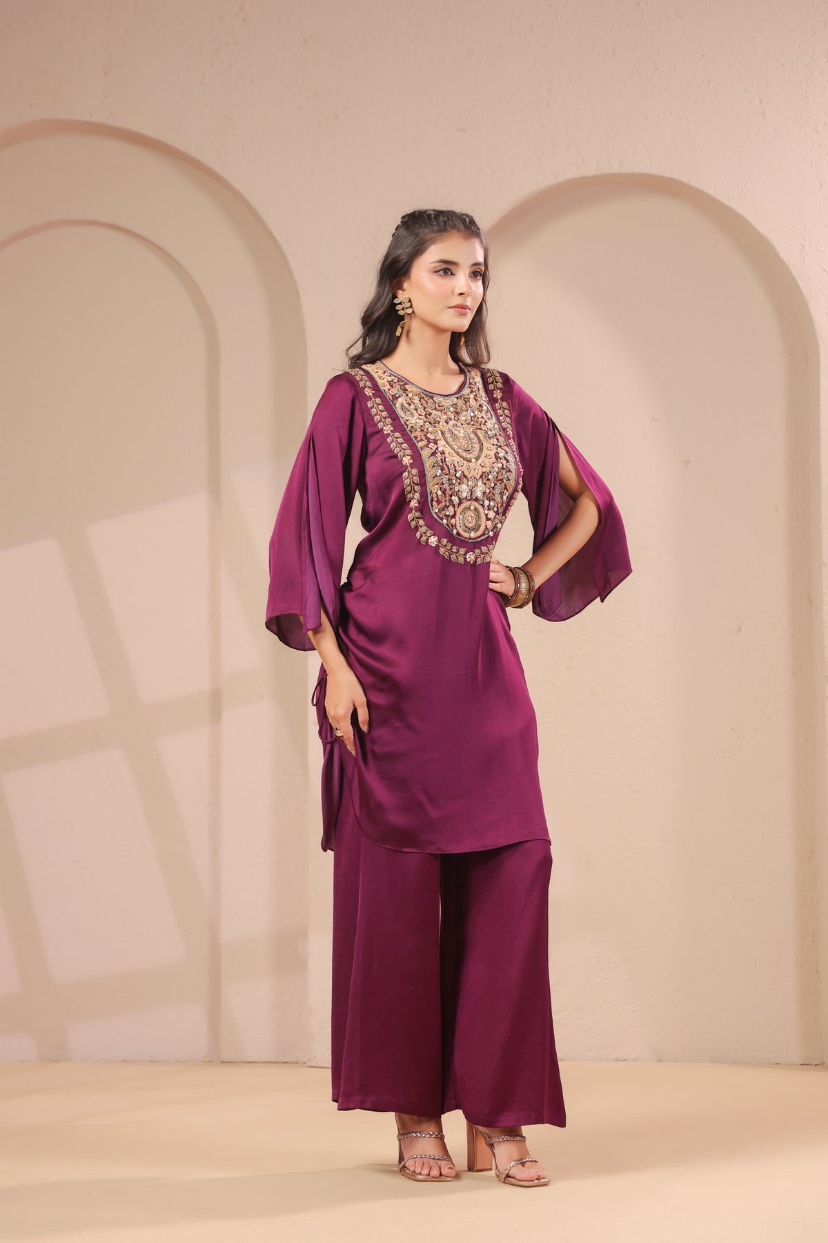 Wine Plum Embellished Modal Silk Palazzo Set